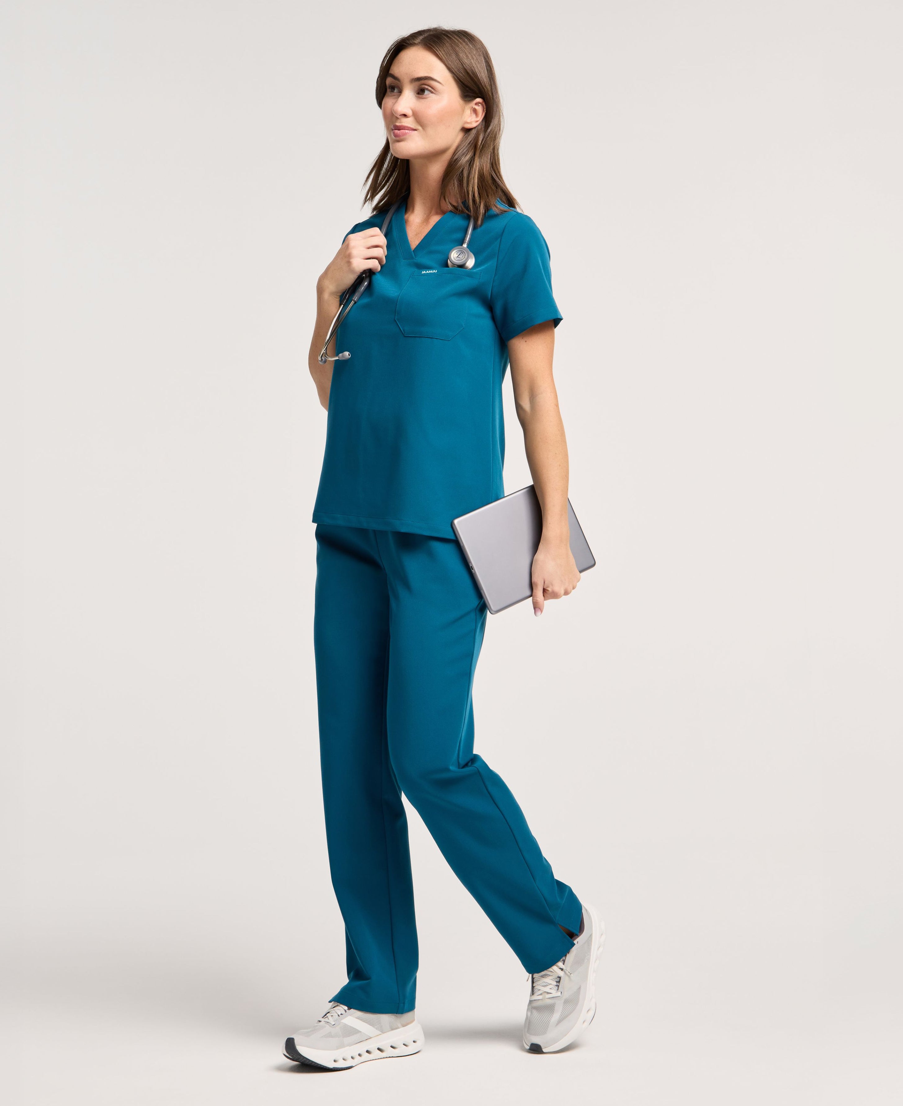 Jaanuu Rhena 1-Pocket Scrub Top in Caribbean Blue, product photo 4 of 6