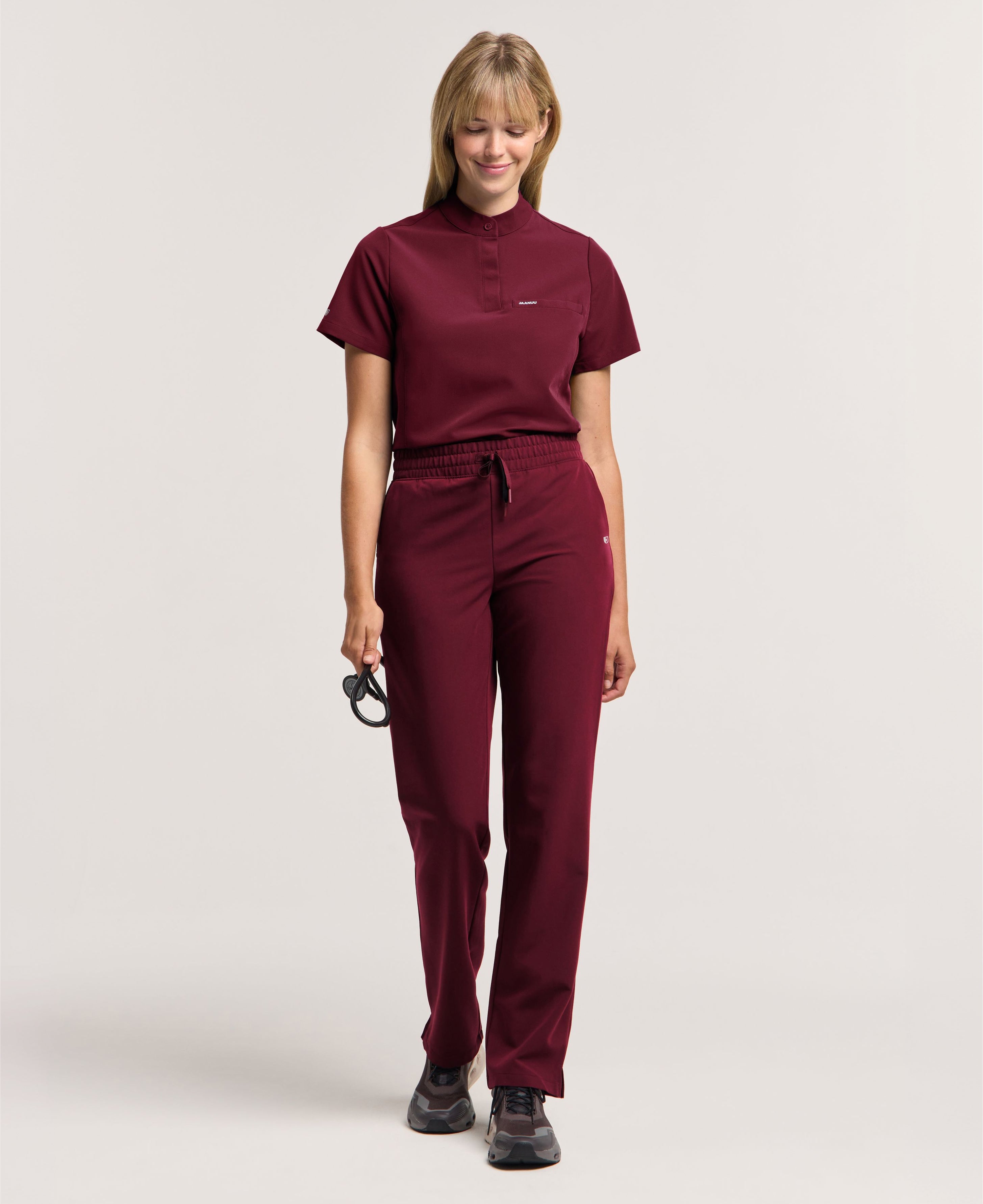 Jaanuu Savi Stand-Collar Scrub Top in Burgundy, product photo 2 of 6