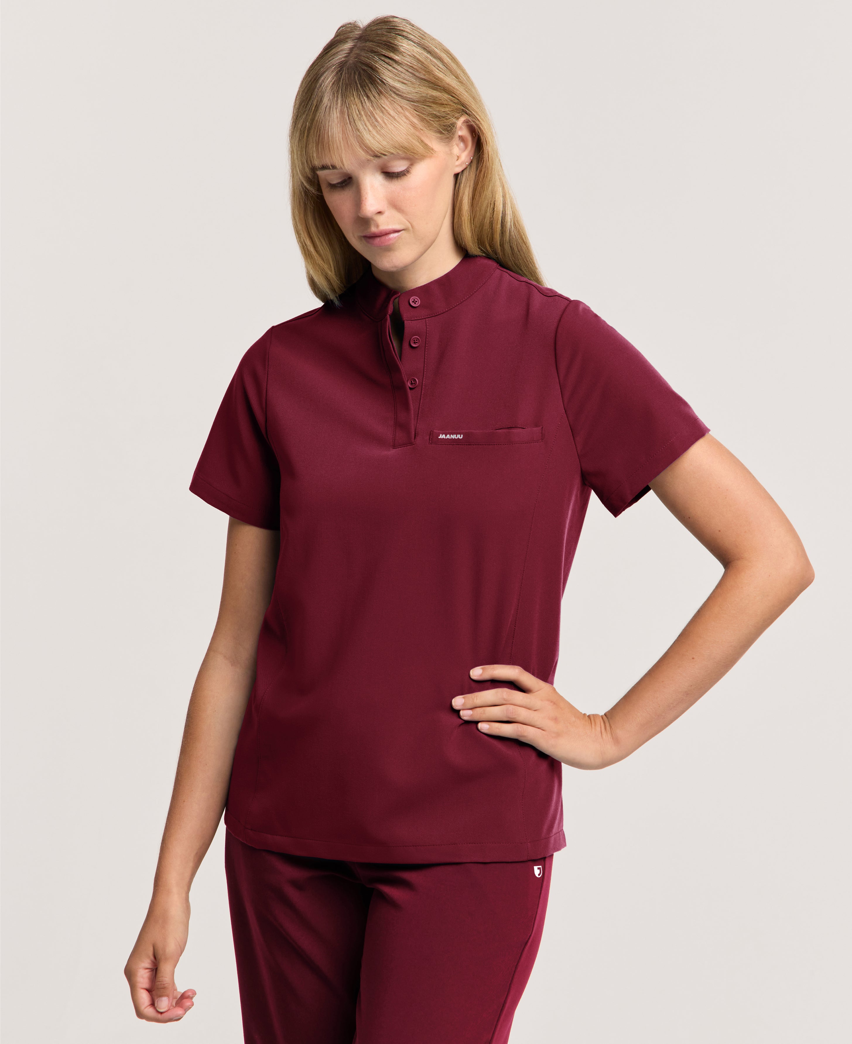 Jaanuu Savi Stand-Collar Scrub Top in Burgundy, product photo 3 of 6