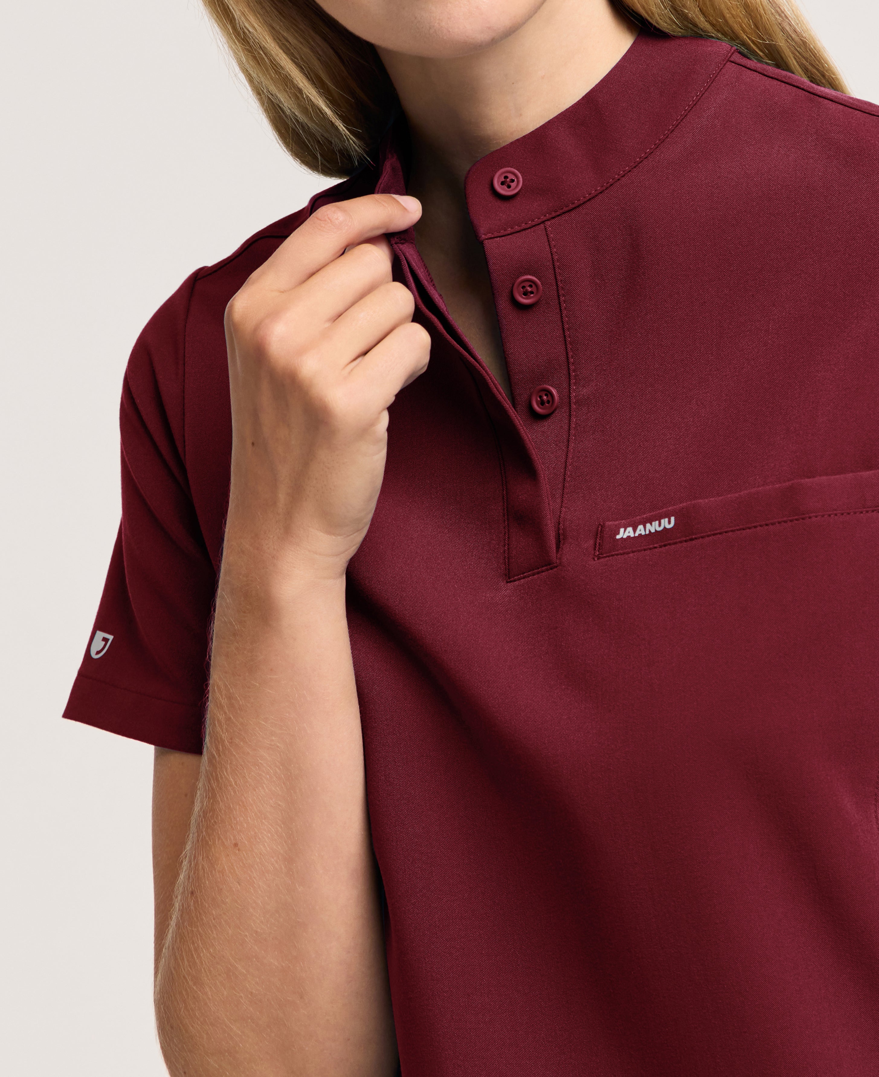 Jaanuu Savi Stand-Collar Scrub Top in Burgundy, product photo 4 of 6