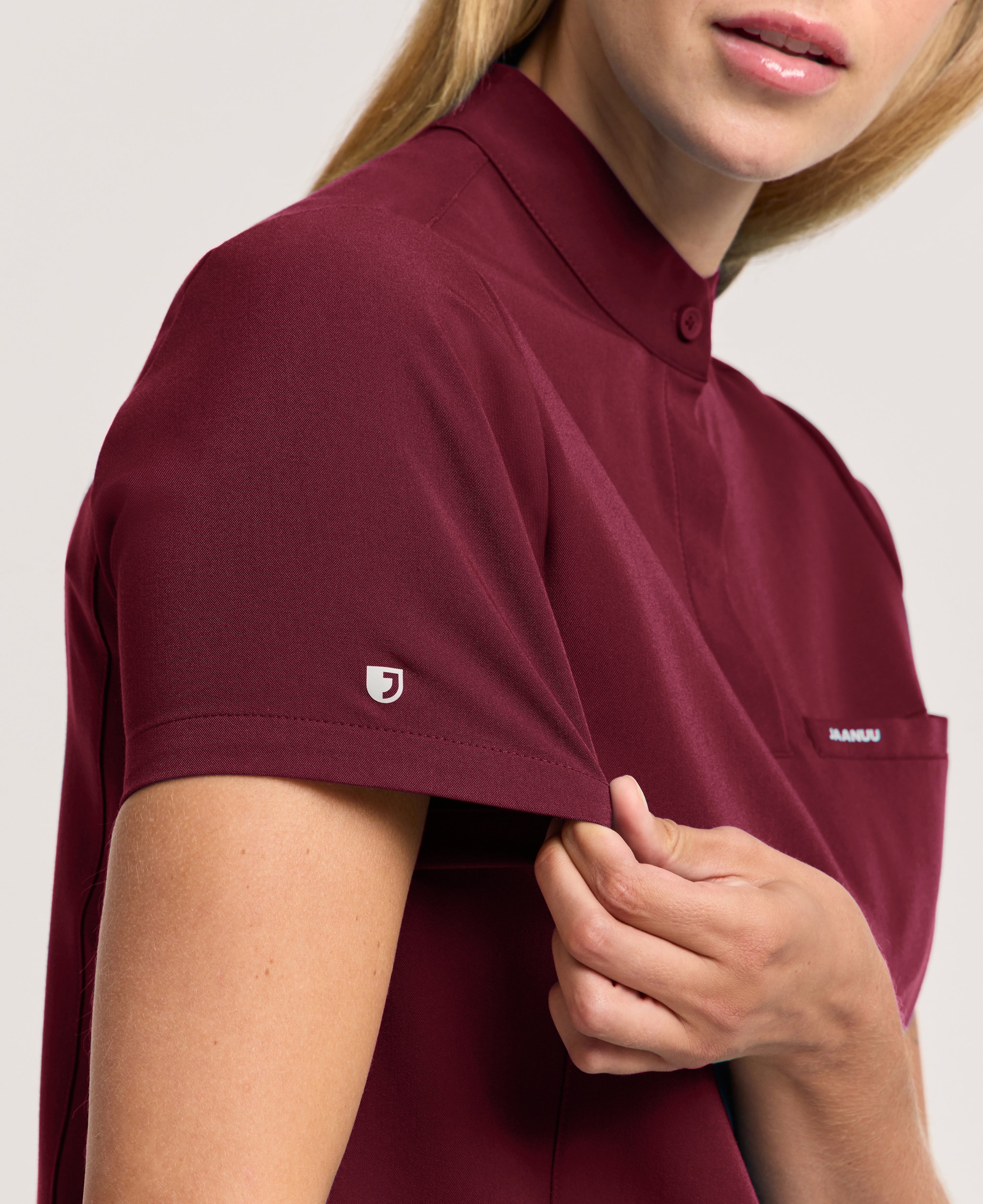 Jaanuu Savi Stand-Collar Scrub Top in Burgundy, product photo 5 of 6