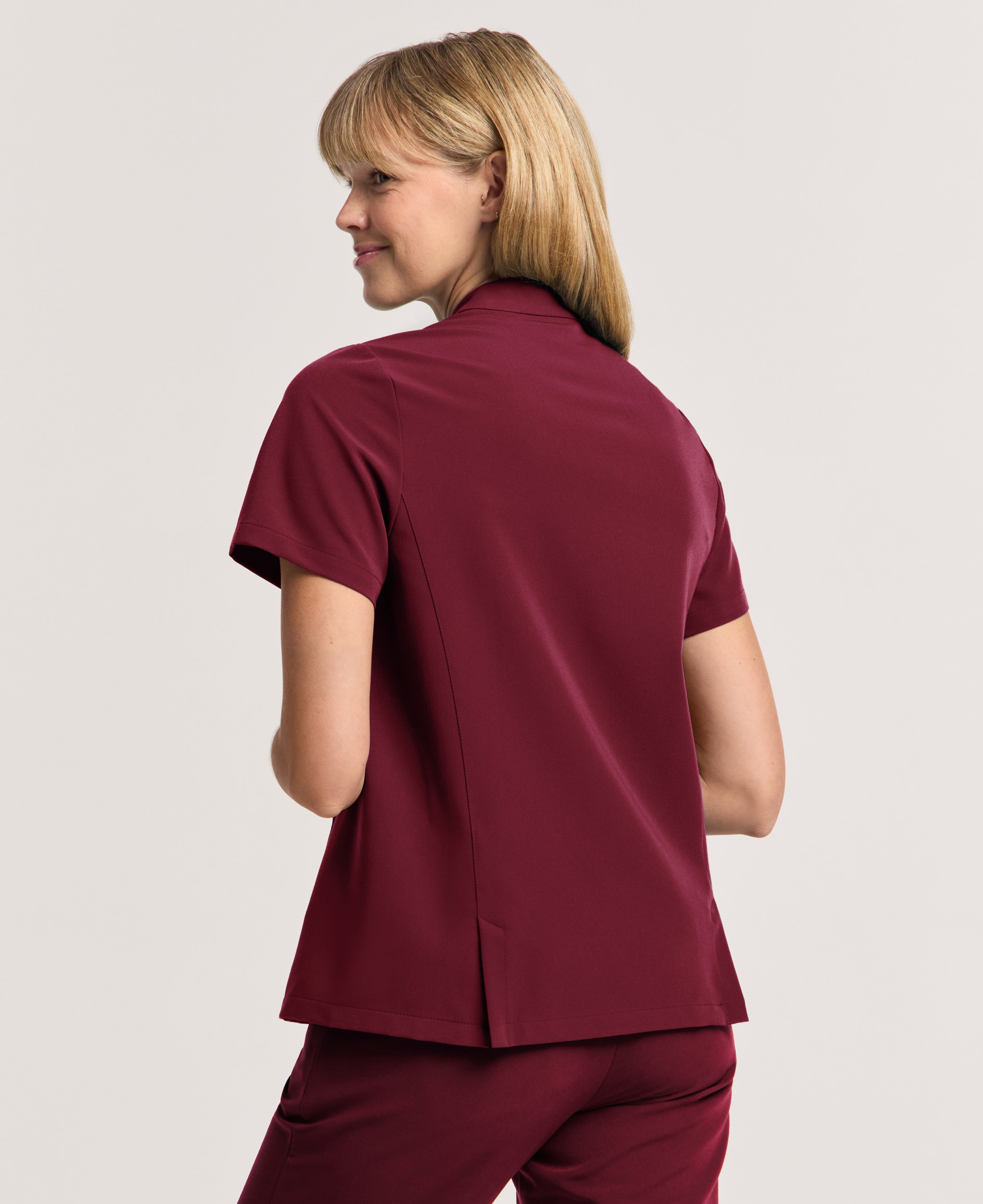 Jaanuu Savi Stand-Collar Scrub Top in Burgundy, product photo 6 of 6
