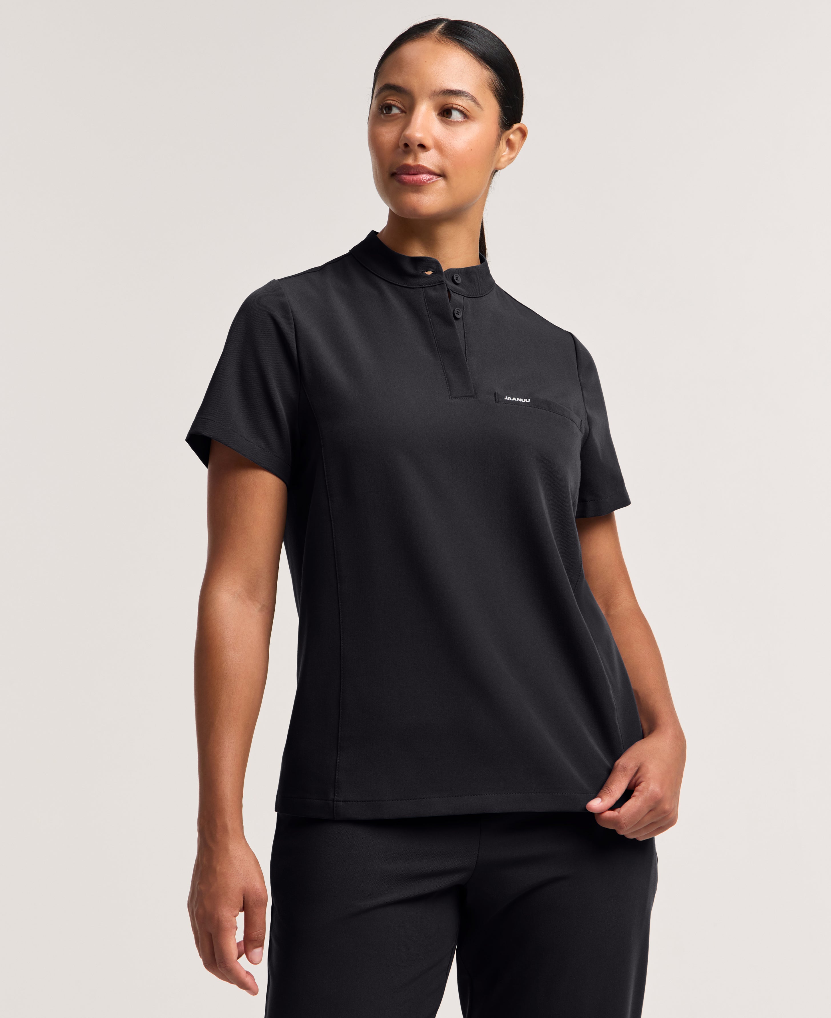 Jaanuu Savi Stand-Collar Scrub Top in Black, product photo 3 of 6