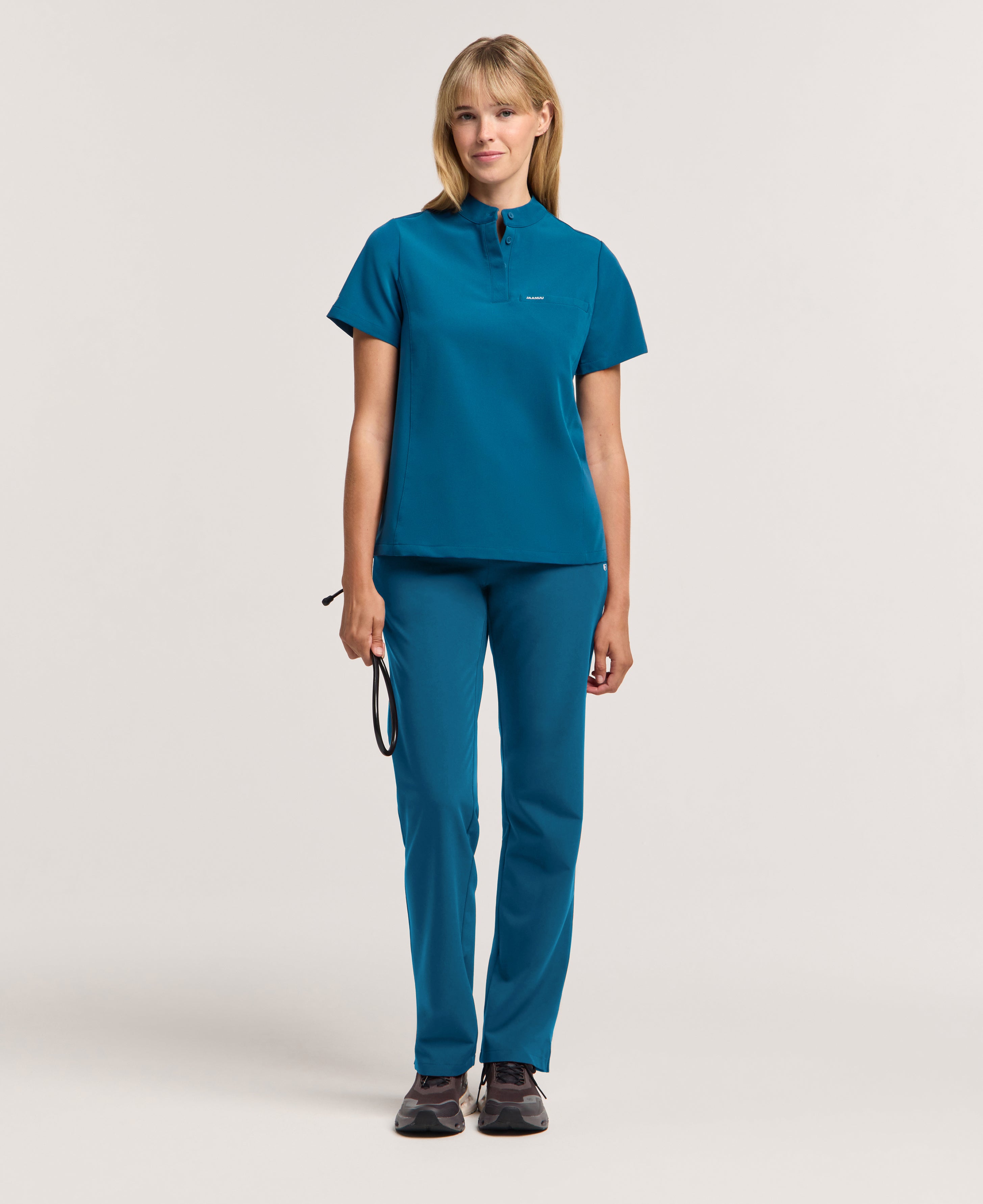 Jaanuu Savi Stand-Collar Scrub Top in Caribbean Blue, product photo 2 of 6