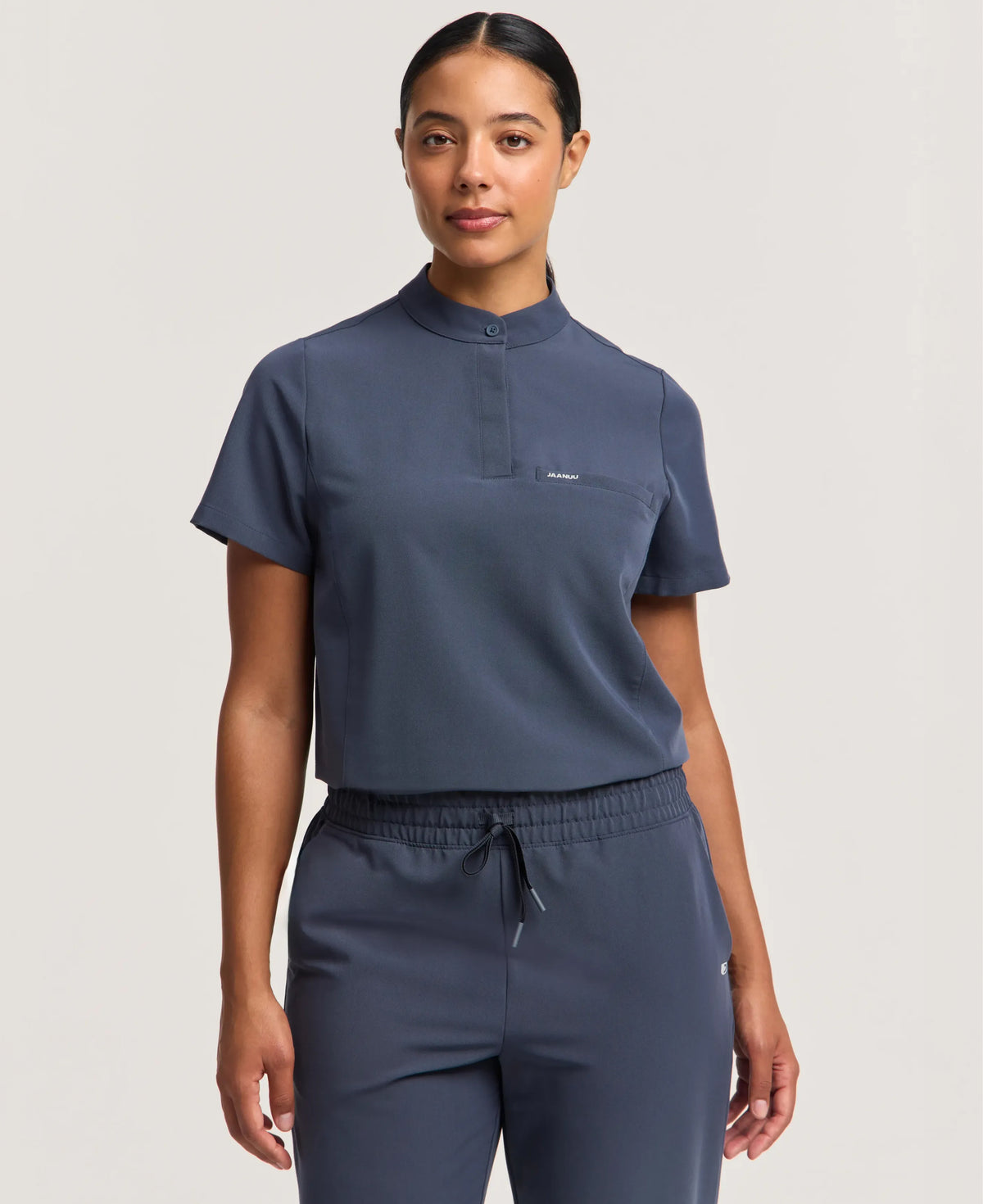 Jaanuu Savi Stand-Collar Scrub Top in Carbon Gray, product photo 1 of 6