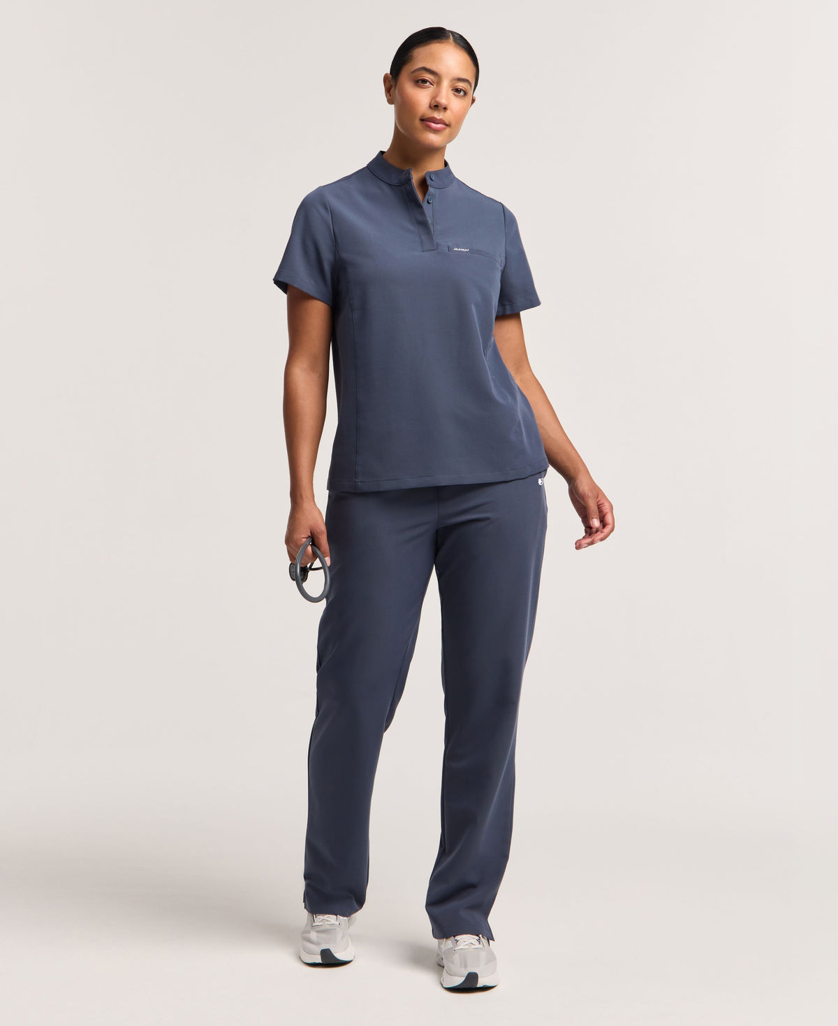 Jaanuu Savi Stand-Collar Scrub Top in Carbon Gray, product photo 2 of 6