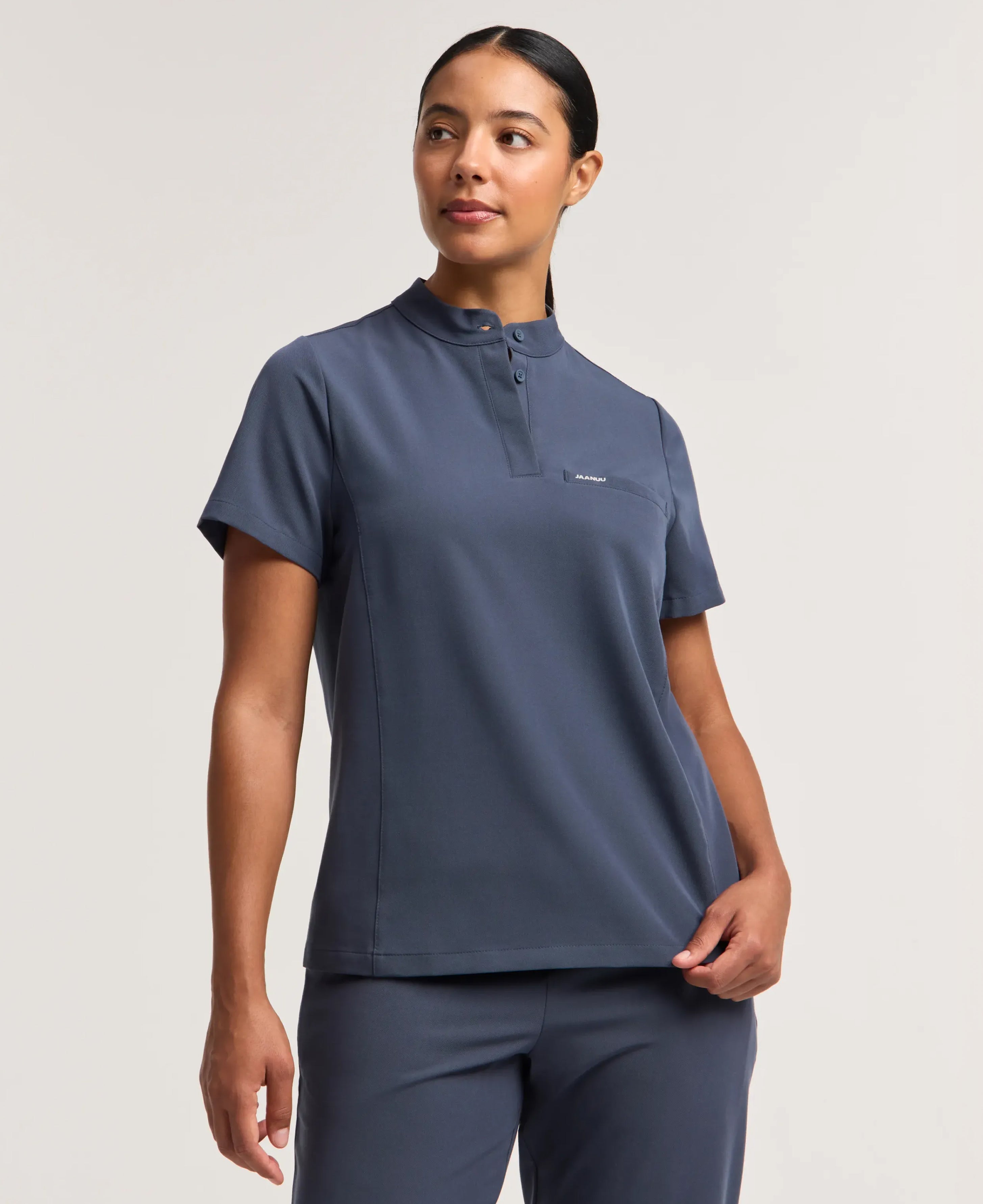 Jaanuu Savi Stand-Collar Scrub Top in Carbon Gray, product photo 4 of 6