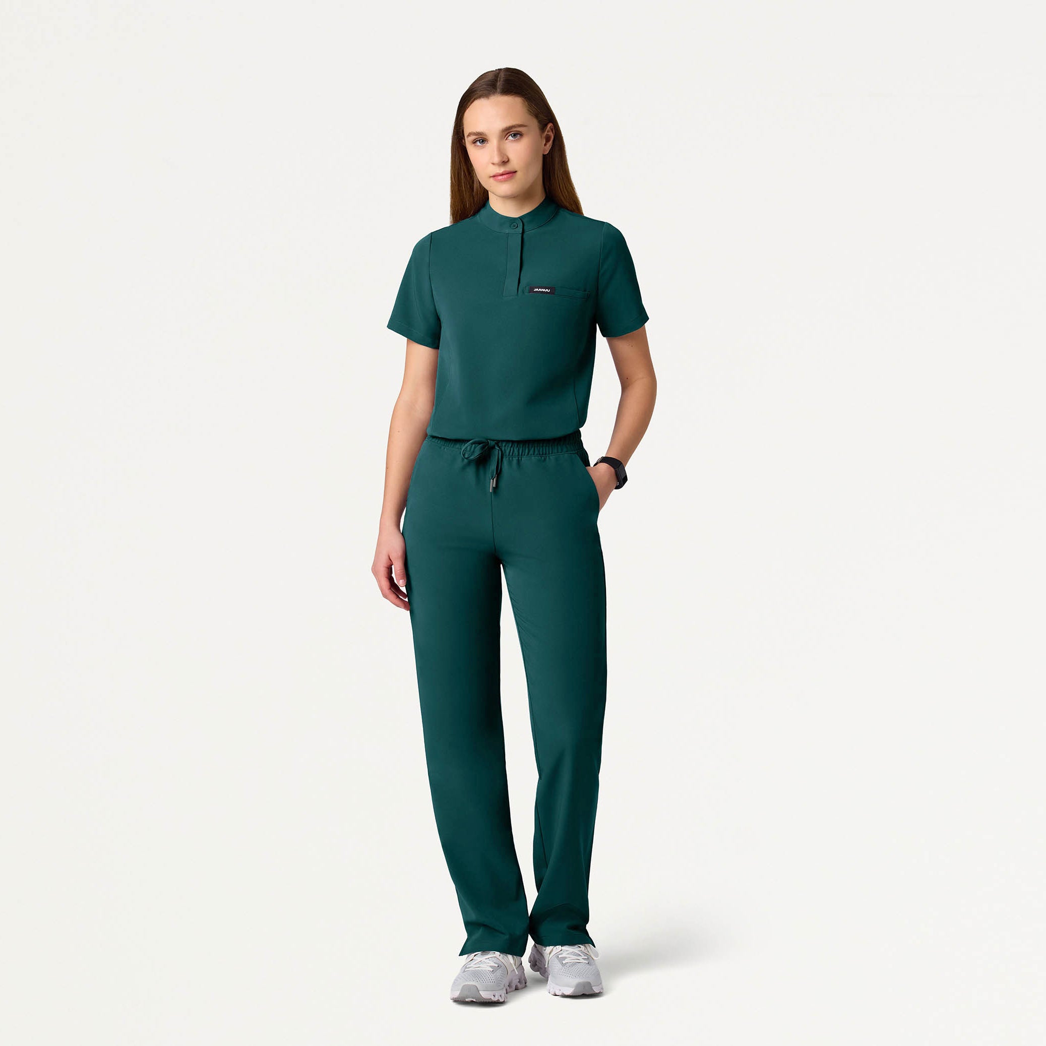 Savi Tuck-In Stand-Collar Scrub Top - Midnight Green