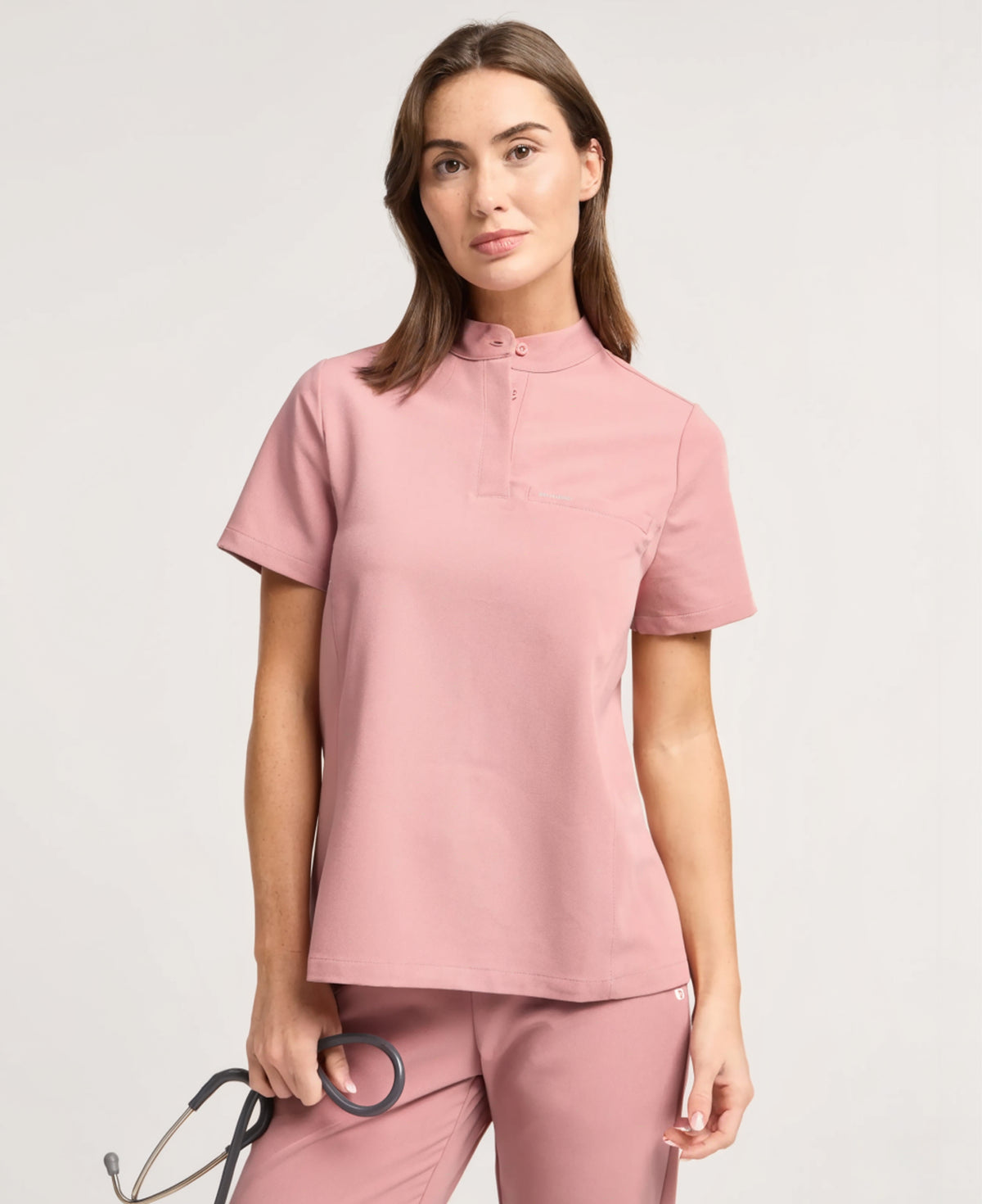 Jaanuu Savi Stand-Collar Scrub Top in Mauve, product photo 1 of 6