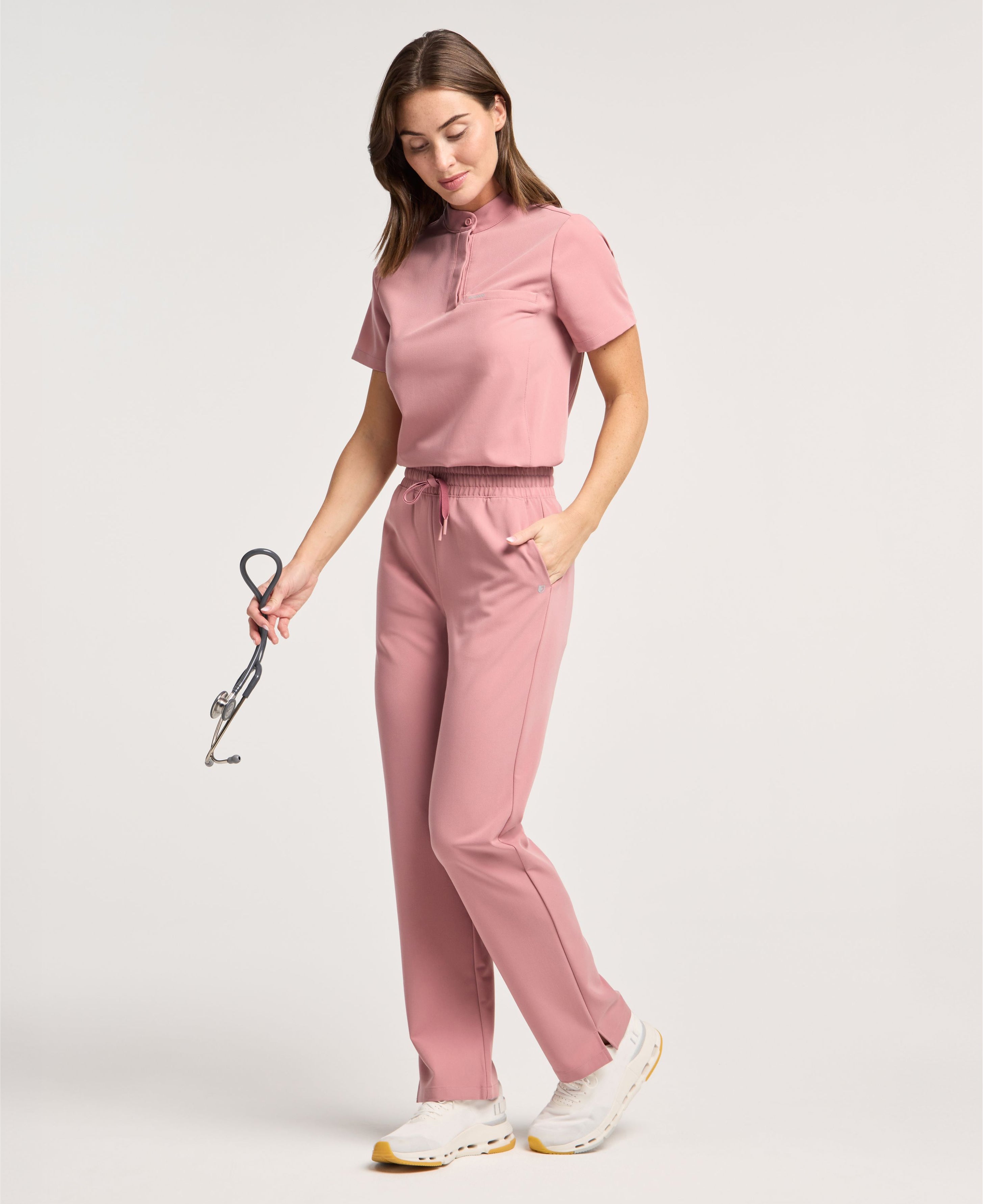Jaanuu Savi Stand-Collar Scrub Top in Mauve, product photo 2 of 6