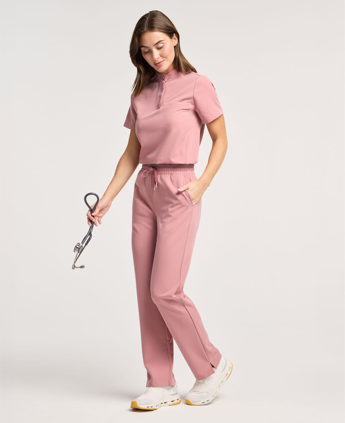 Jaanuu Savi Stand-Collar Scrub Top in Mauve, product photo 2 of 6