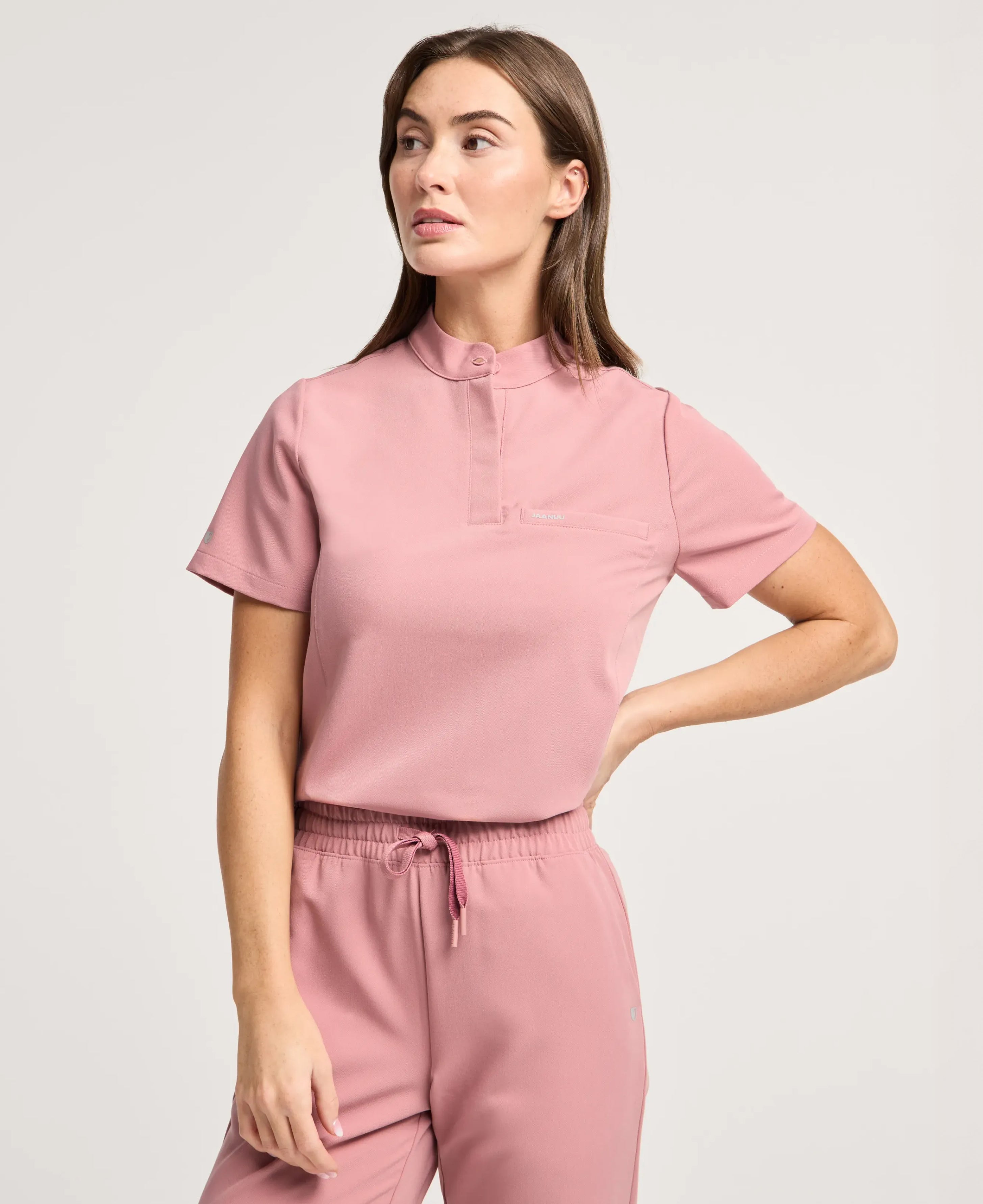 Jaanuu Savi Stand-Collar Scrub Top in Mauve, product photo 3 of 6