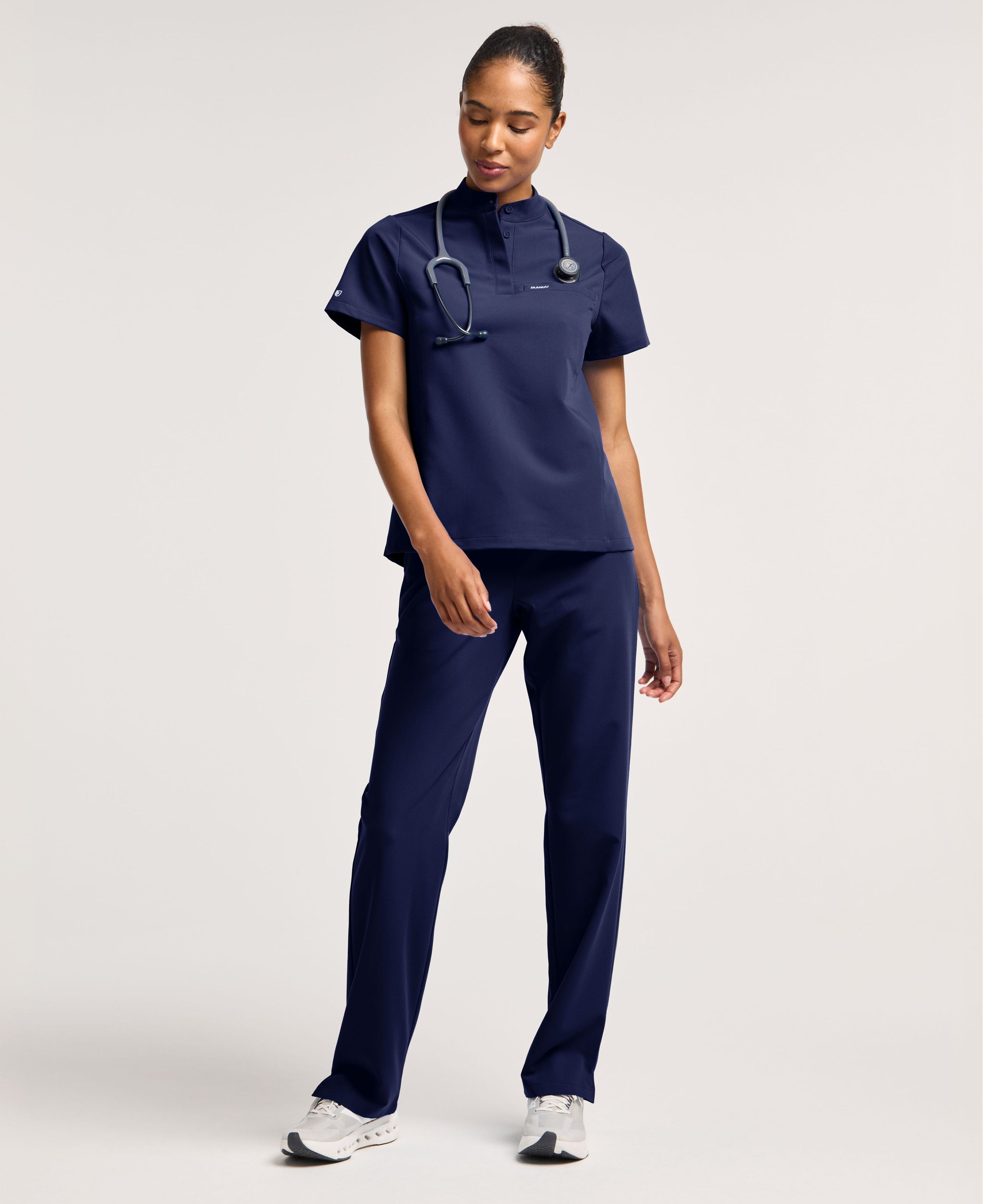 Jaanuu Savi Stand-Collar Scrub Top in Midnight Navy, product photo 2 of 6