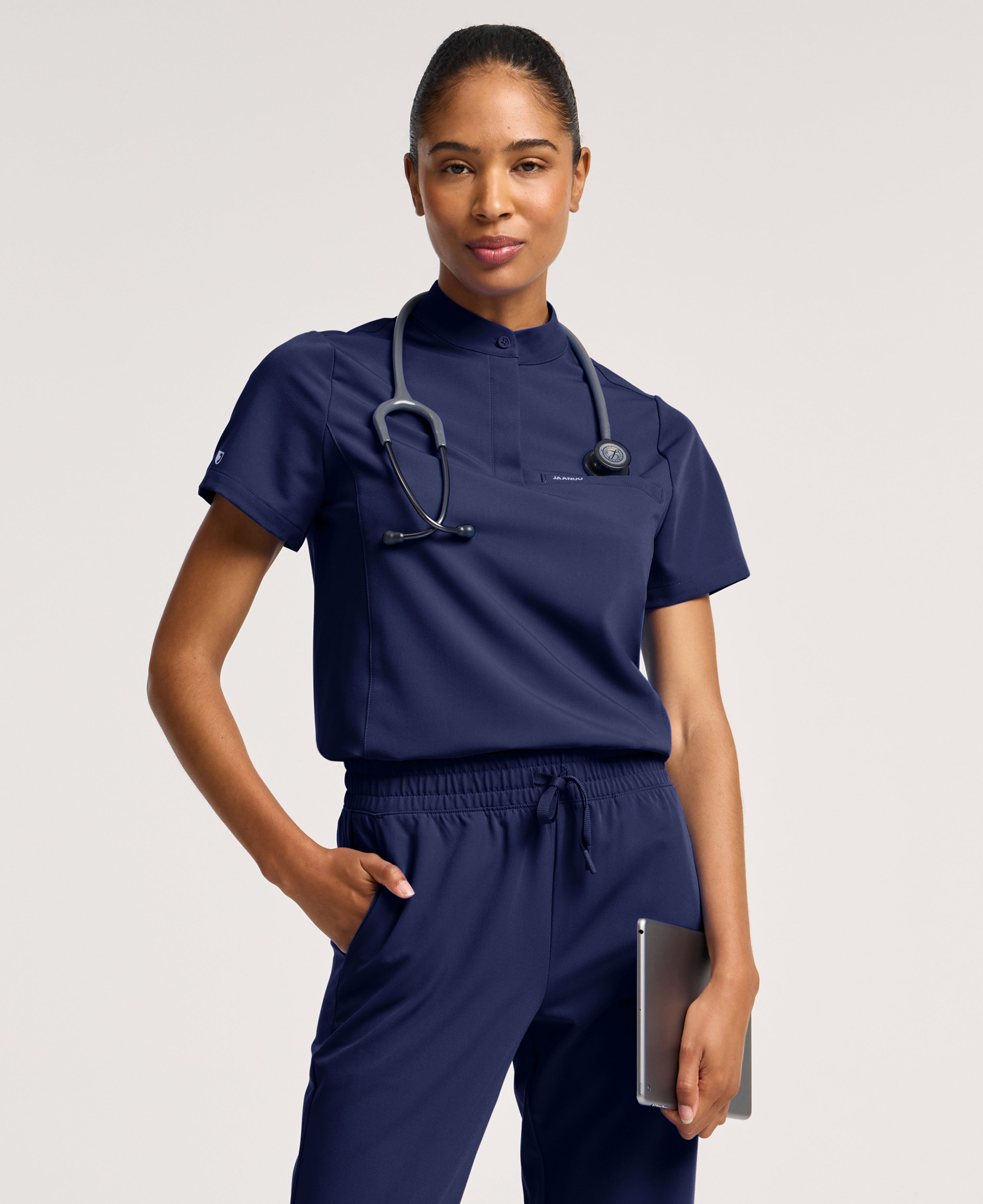 Jaanuu Savi Stand-Collar Scrub Top in Midnight Navy, product photo 6 of 6