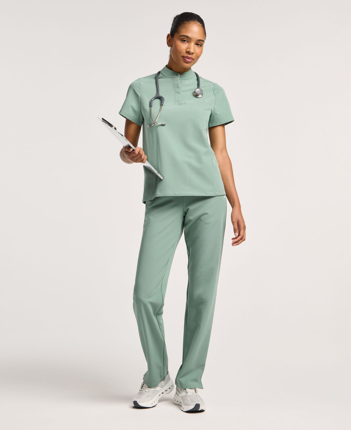 Jaanuu Savi Stand-Collar Scrub Top in Sage, product photo 1 of 6