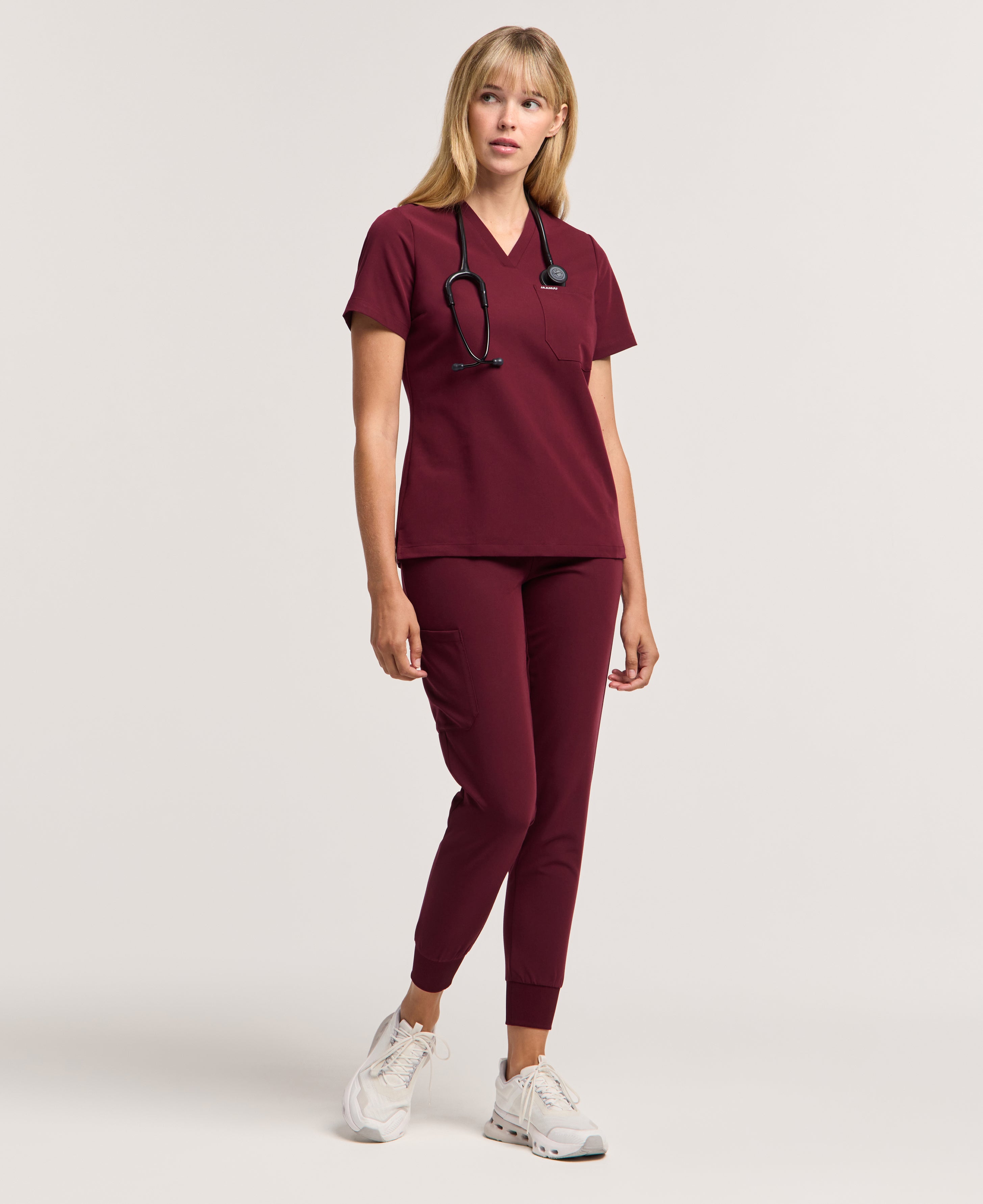 Jaanuu Rhena Slim 1-Pocket Scrub Top in Burgundy, product photo 2 of 6