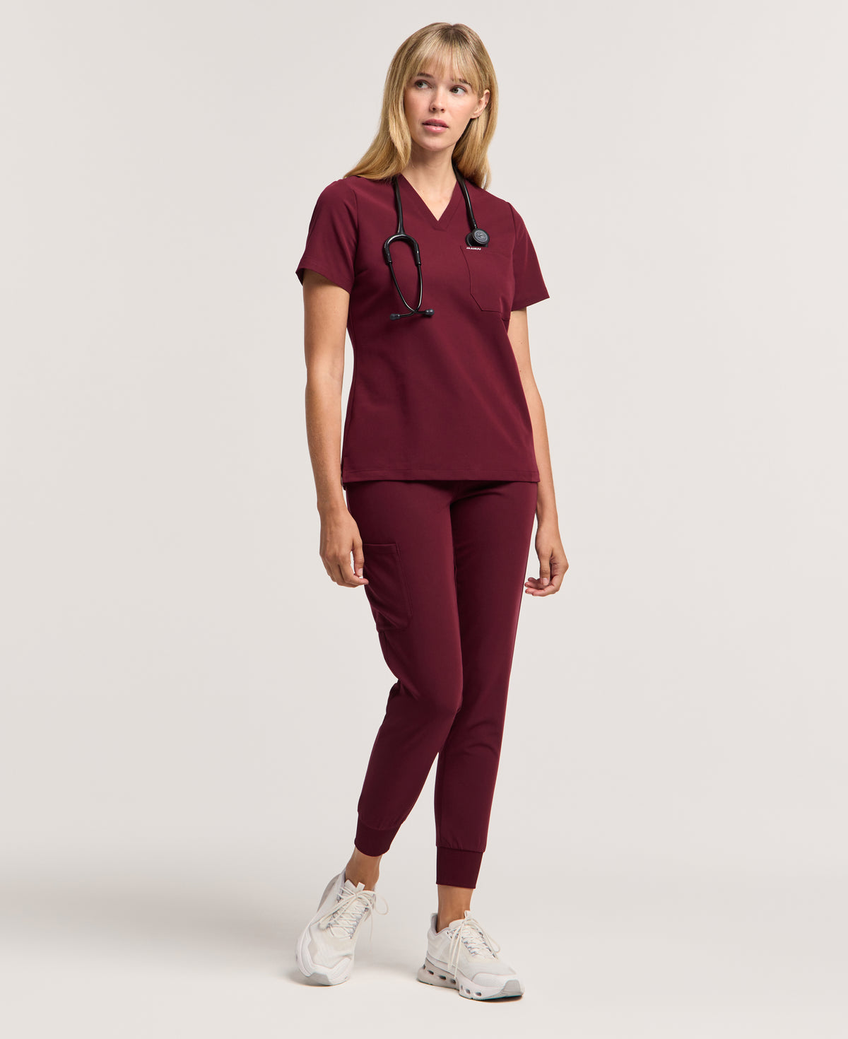 Jaanuu Rhena Slim 1-Pocket Scrub Top in Burgundy, product photo 2 of 6