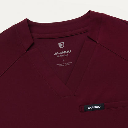 Helia Slim Notched V-Neck Scrub Top - Burgundy