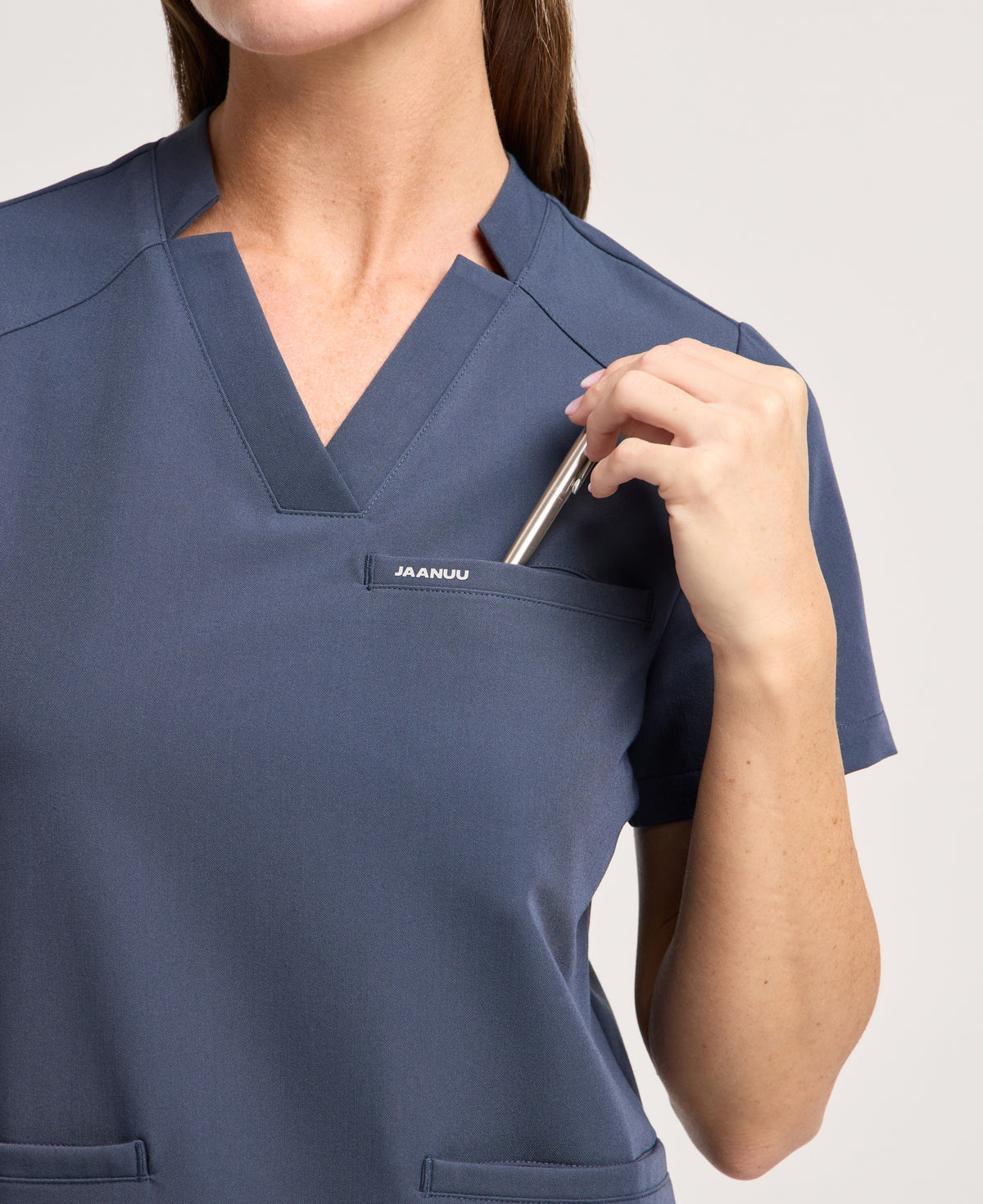 Jaanuu Helia Slim Notched V-Neck Scrub Top in Carbon Gray, product photo 3 of 6