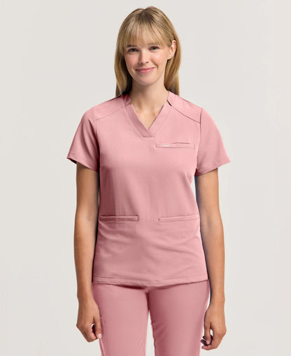 Jaanuu Helia Slim Notched V-Neck Scrub Top in Mauve, product photo 1 of 6