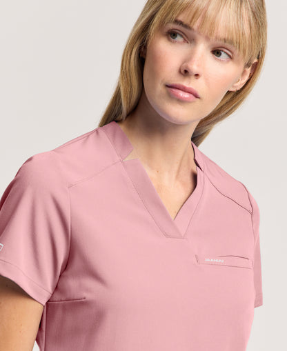 Jaanuu Helia Slim Notched V-Neck Scrub Top in Mauve, product photo 2 of 6