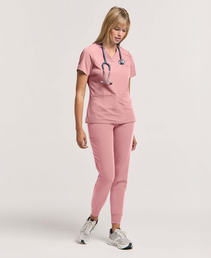 Jaanuu Helia Slim Notched V-Neck Scrub Top in Mauve, product photo 5 of 6