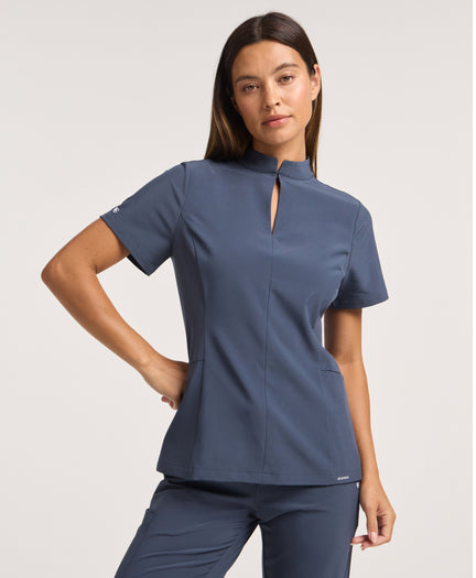 Jaanuu Alex Mock-Neck Scrub Top in Carbon Gray, product photo 1 of 6