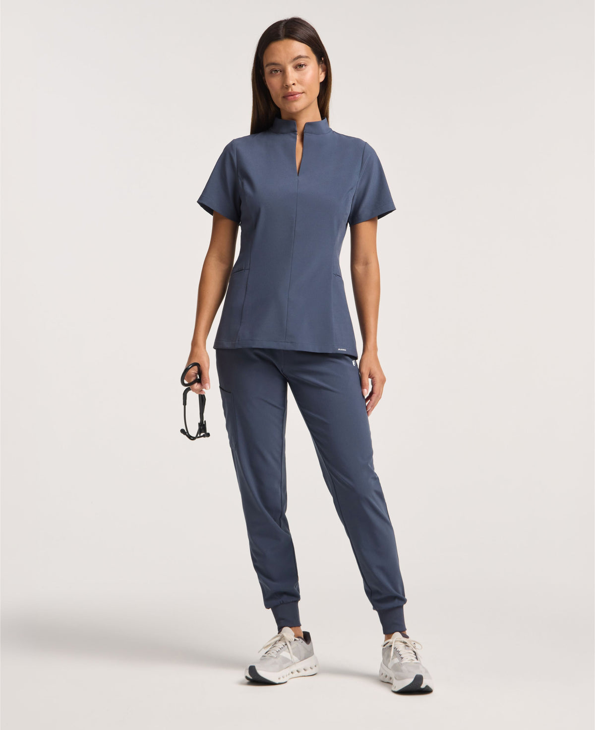 Jaanuu Alex Mock-Neck Scrub Top in Carbon Gray, product photo 2 of 6