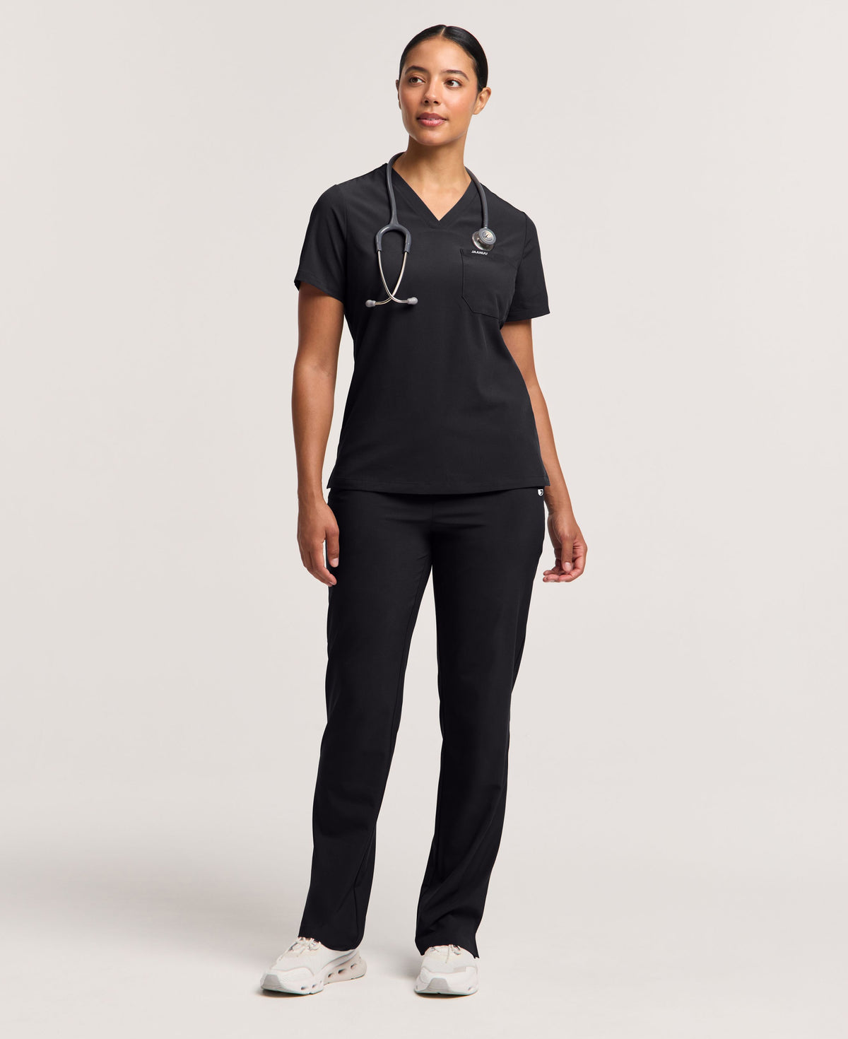 Jaanuu Harlow Slim 1-Pocket Scrub Top in Black, product photo 2 of 6
