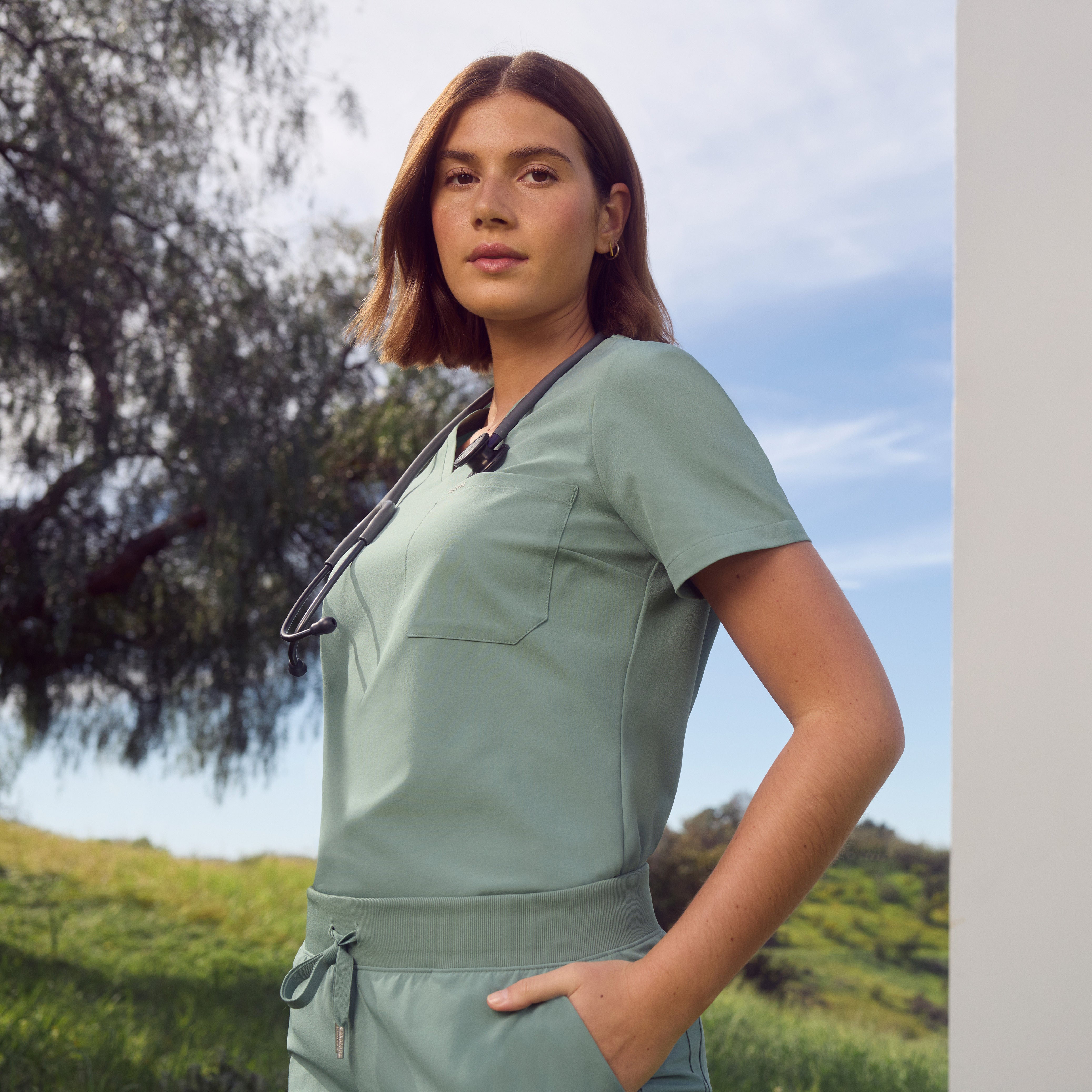 Rhena Slim UltraLITE™ 1-Pocket Scrub Top - Sage