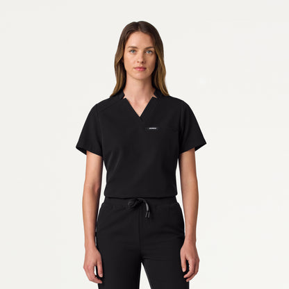 Helia Slim Tuck-In Notched V-Neck Scrub Top - Black