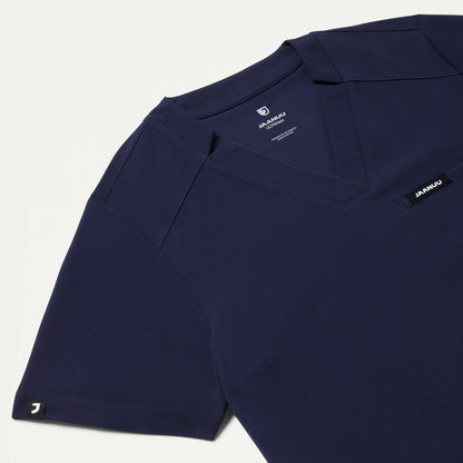 Helia Slim Tuck-In Notched V-Neck Scrub Top - Midnight Navy
