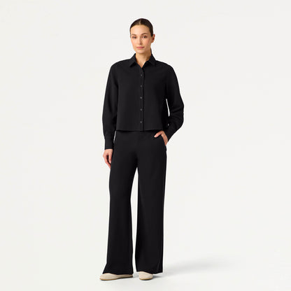 Kenna Cropped Button-Up Scrub Shirt - Black