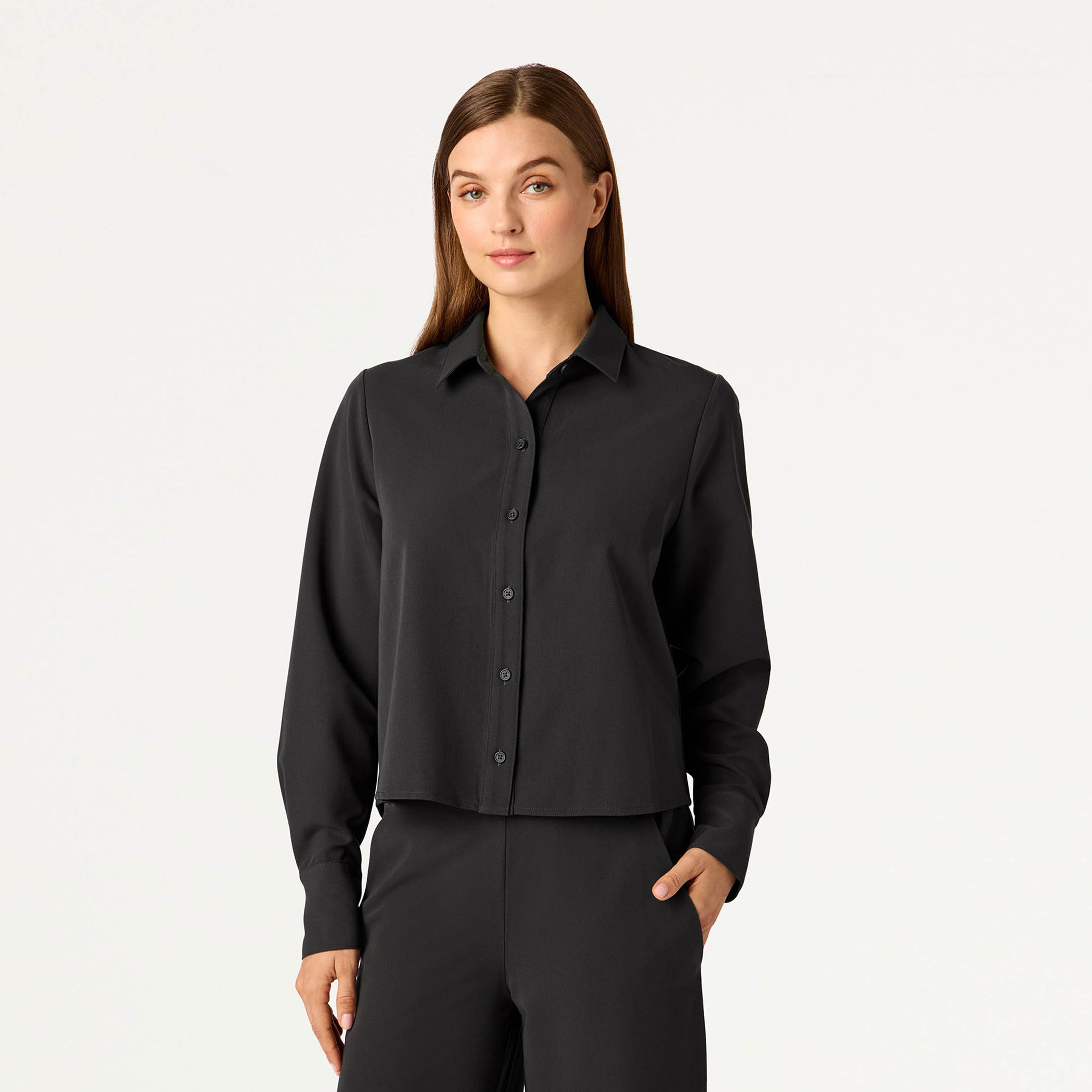 Kenna Cropped Button-Up Scrub Shirt - Charcoal