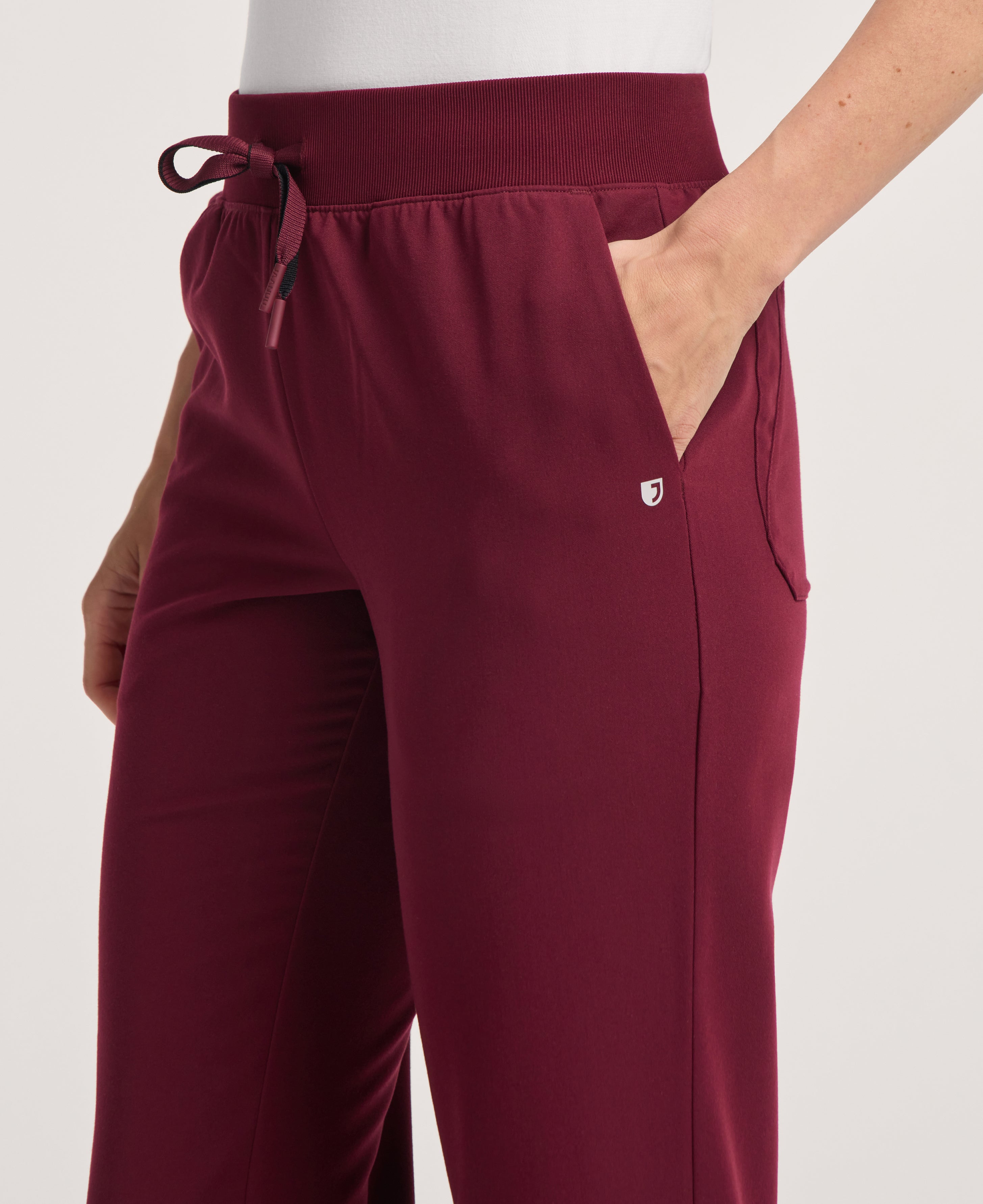 Jaanuu Xenos Knit-Waist Scrub Pant in Burgundy, product photo 5 of 6