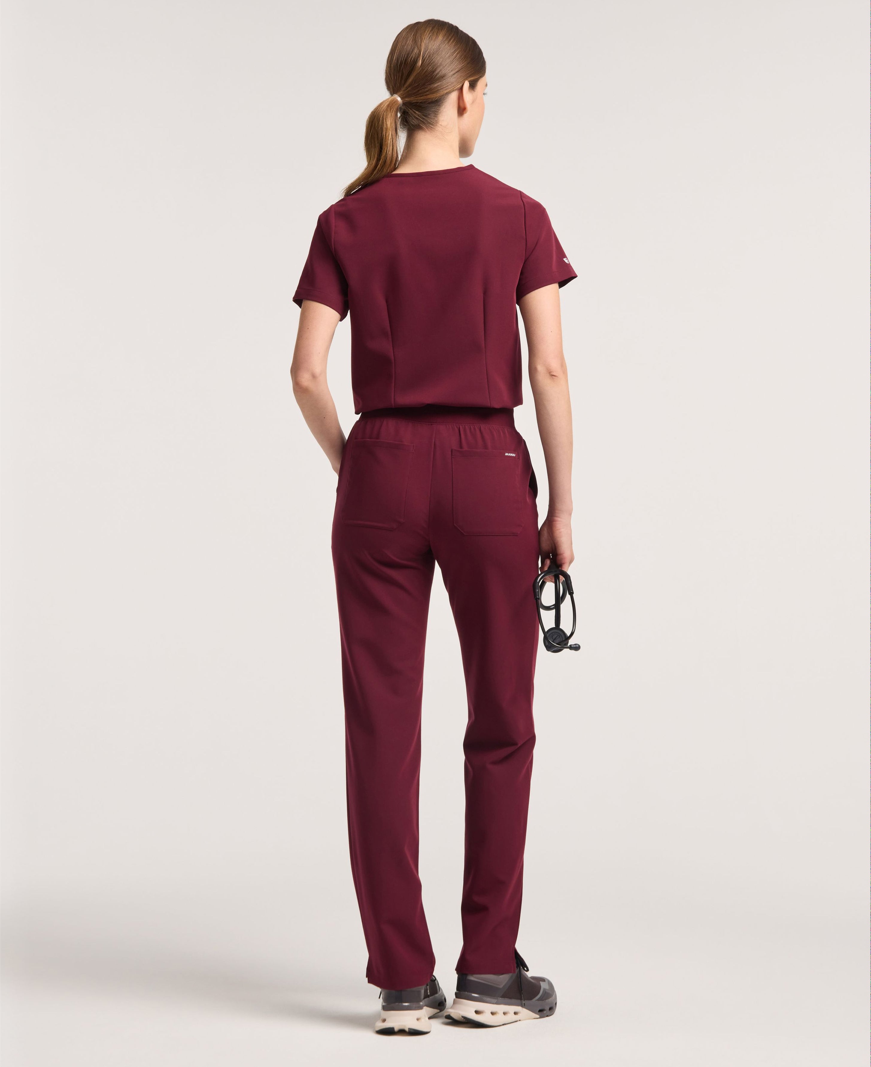 Jaanuu Xenos Knit-Waist Scrub Pant in Burgundy, product photo 6 of 6