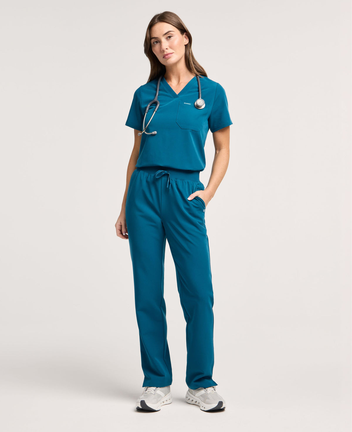 Jaanuu Xenos Knit-Waist Scrub Pant in Caribbean Blue, product photo 1 of 6