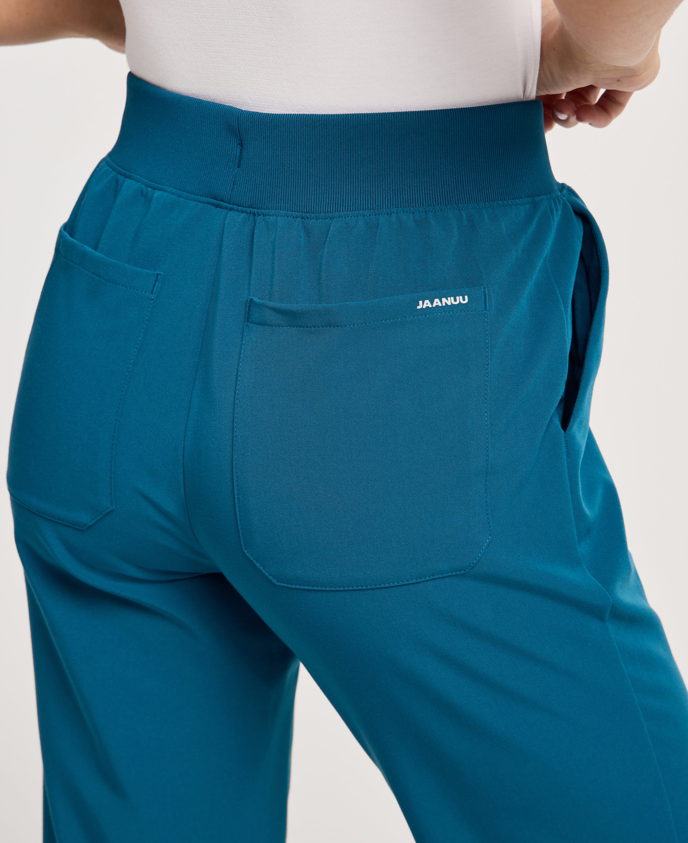 Jaanuu Xenos Knit-Waist Scrub Pant in Caribbean Blue, product photo 5 of 6