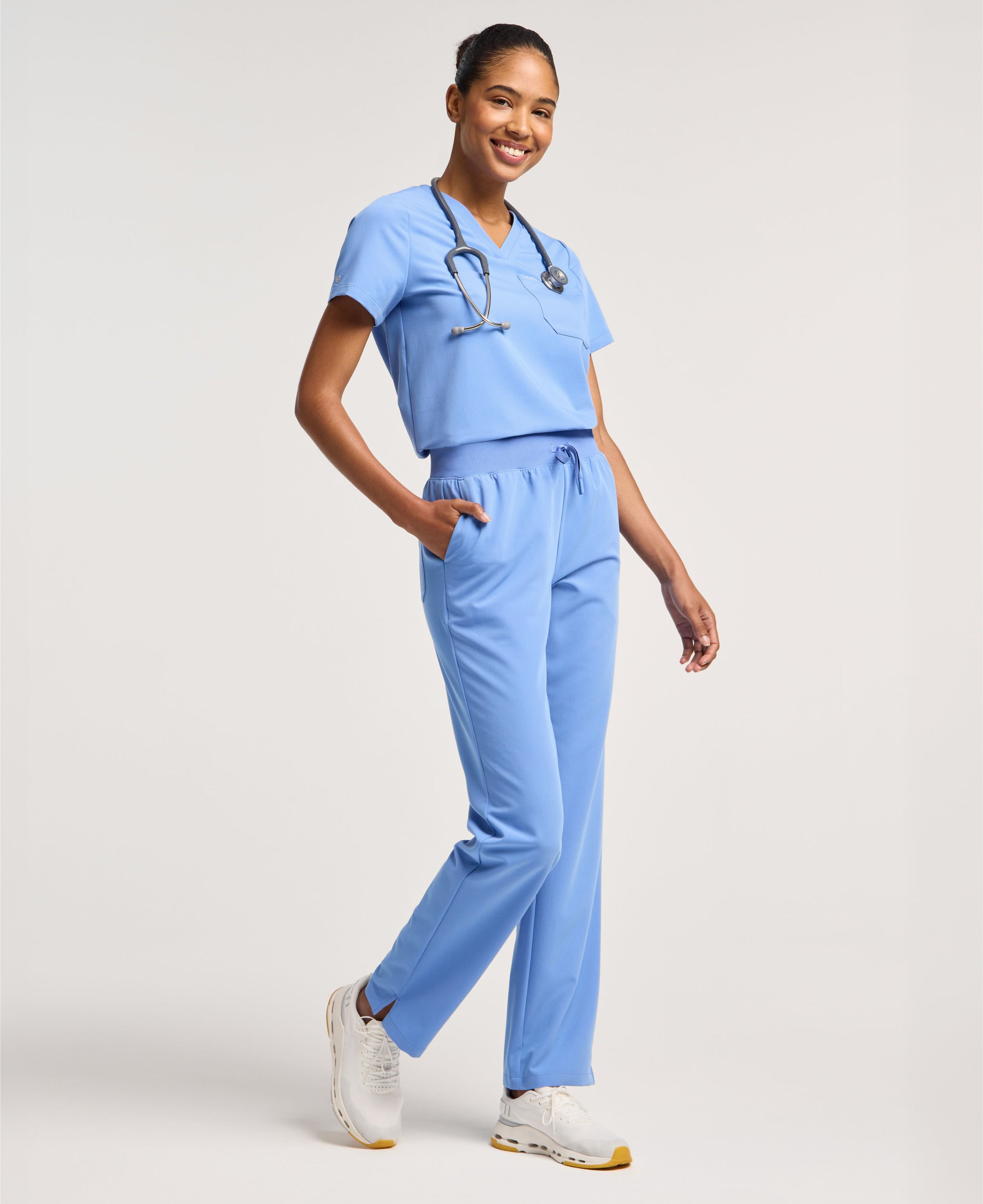 Jaanuu Xenos Knit-Waist Scrub Pant in Ceil Blue, product photo 3 of 6