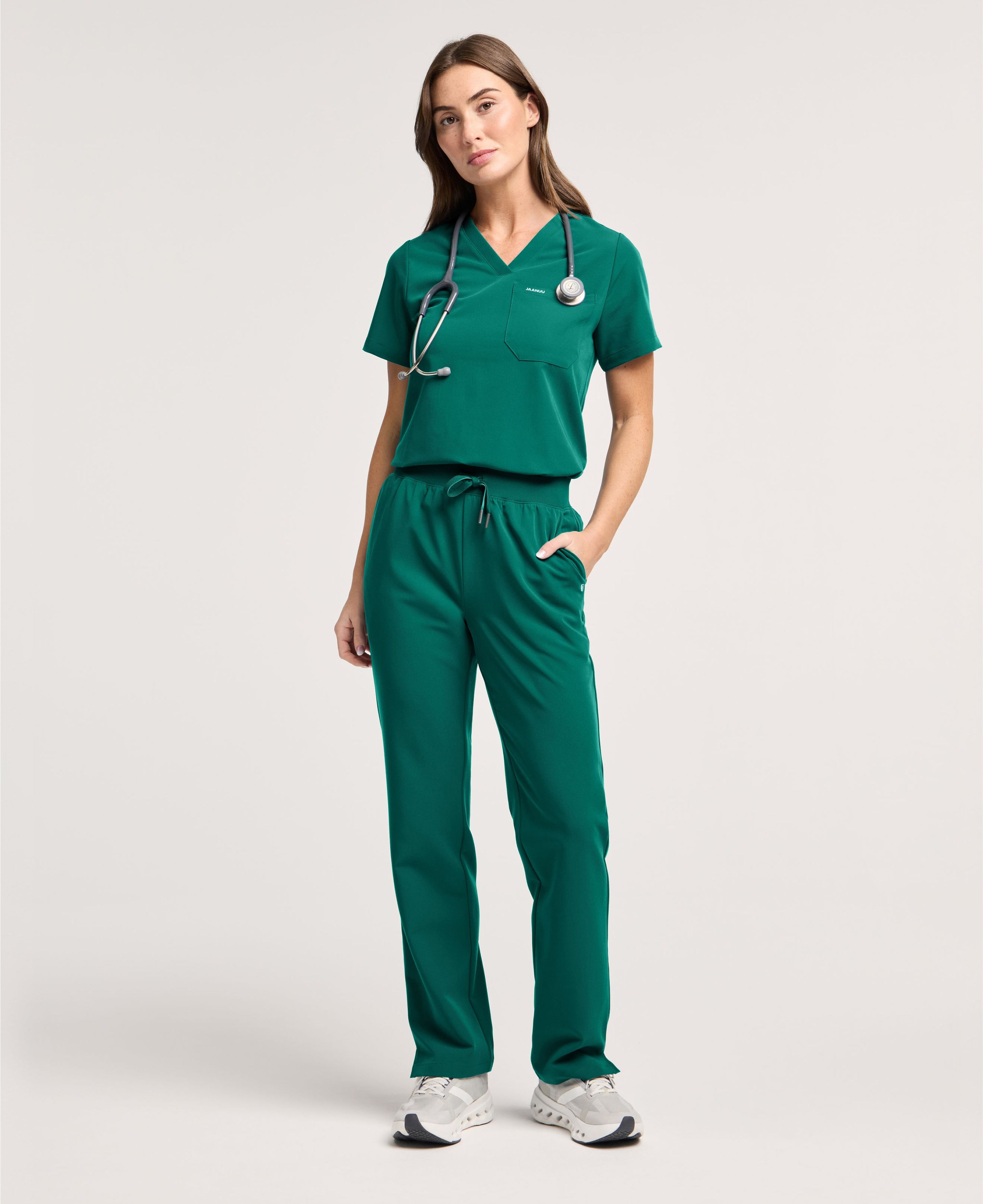 Jaanuu Xenos Knit-Waist Scrub Pant in Hunter Green, product photo 3 of 6