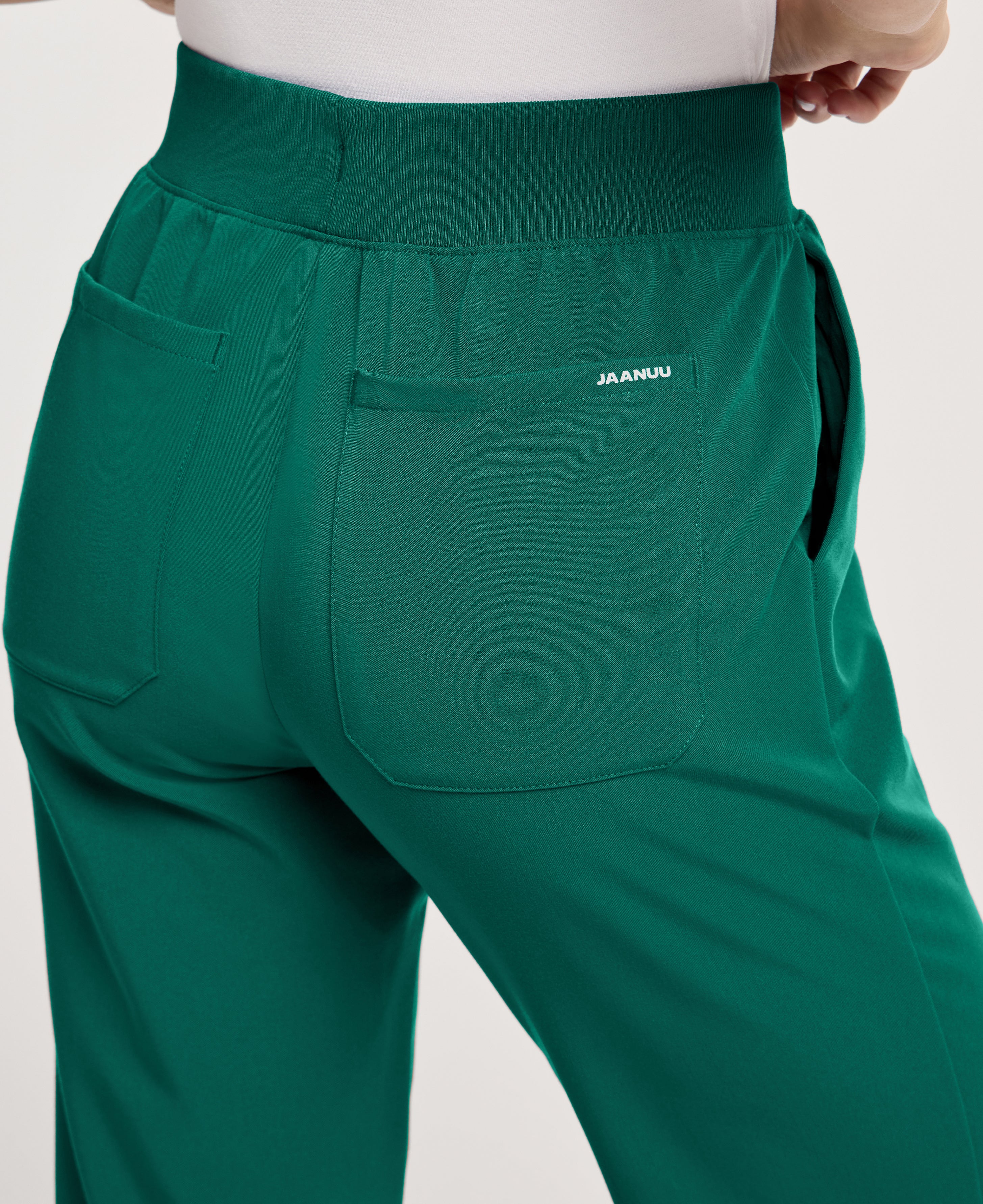 Jaanuu Xenos Knit-Waist Scrub Pant in Hunter Green, product photo 5 of 6