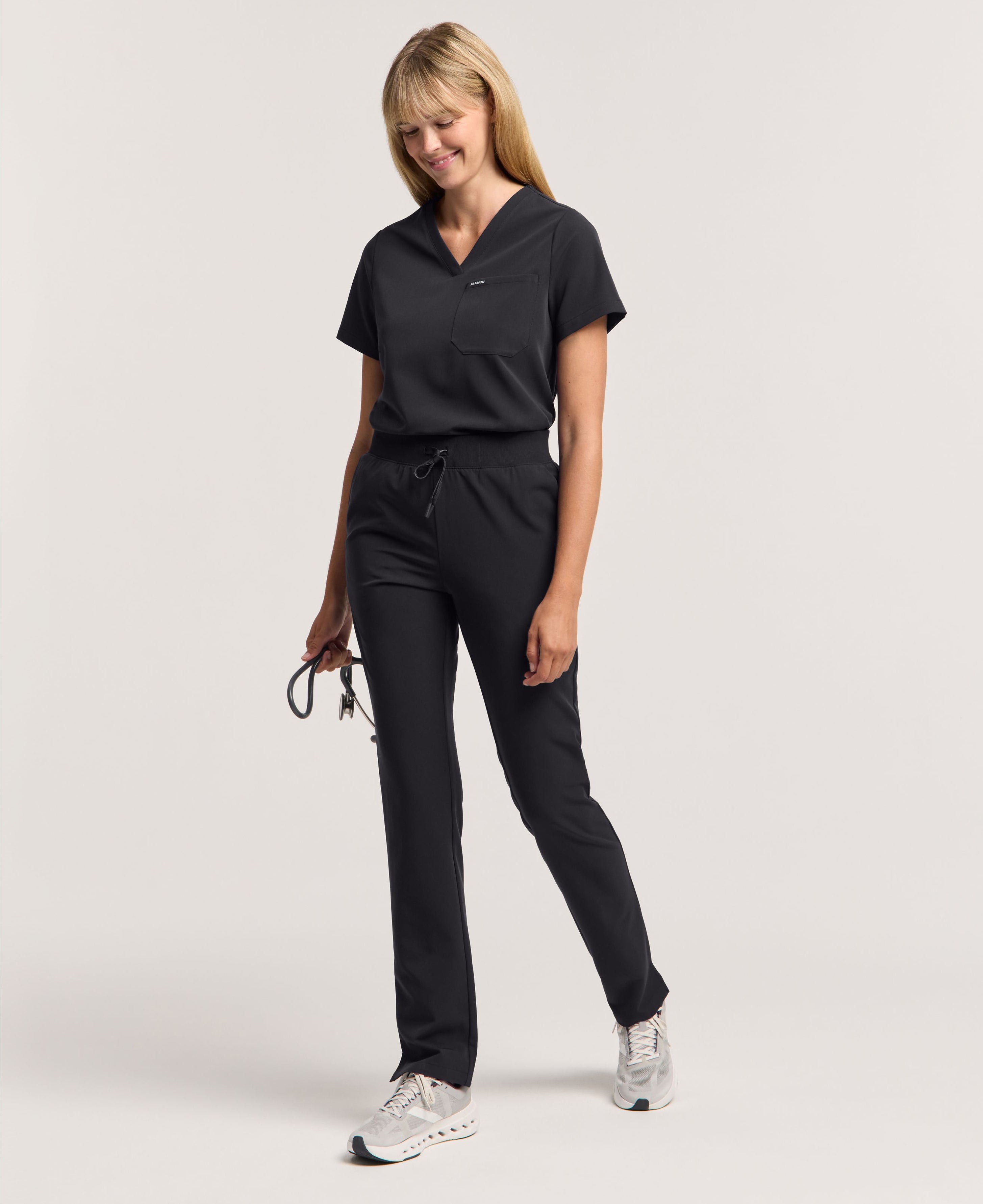 Jaanuu Xenos Slim Knit-Waist Scrub Pant in Black, product photo 2 of 6
