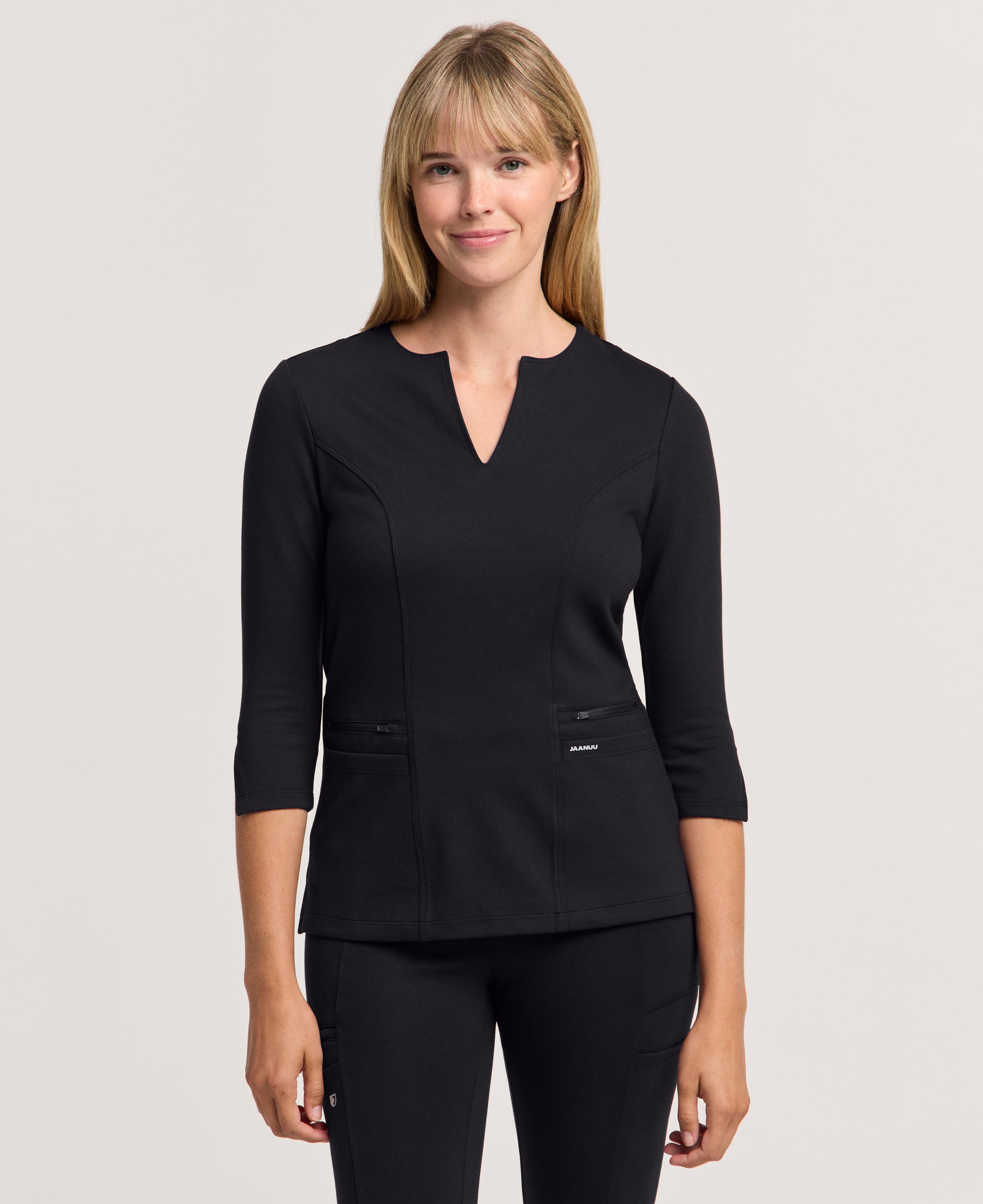 Jaanuu Zoe Slim 3/4-Sleeve Scrub Top in Black, product photo 1 of 6