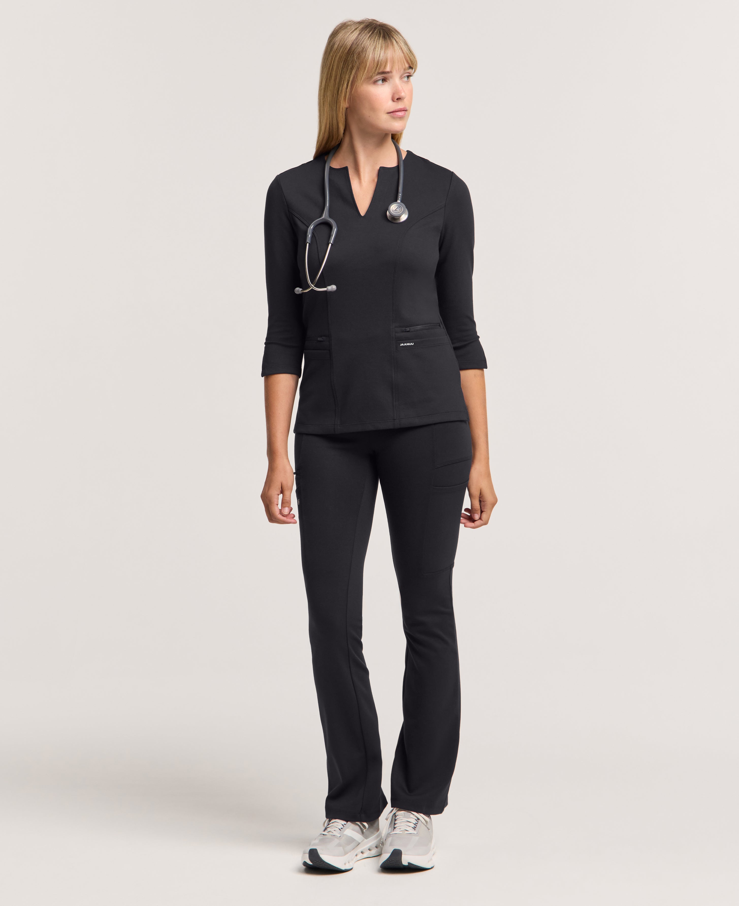 Jaanuu Zoe Slim 3/4-Sleeve Scrub Top in Black, product photo 4 of 6