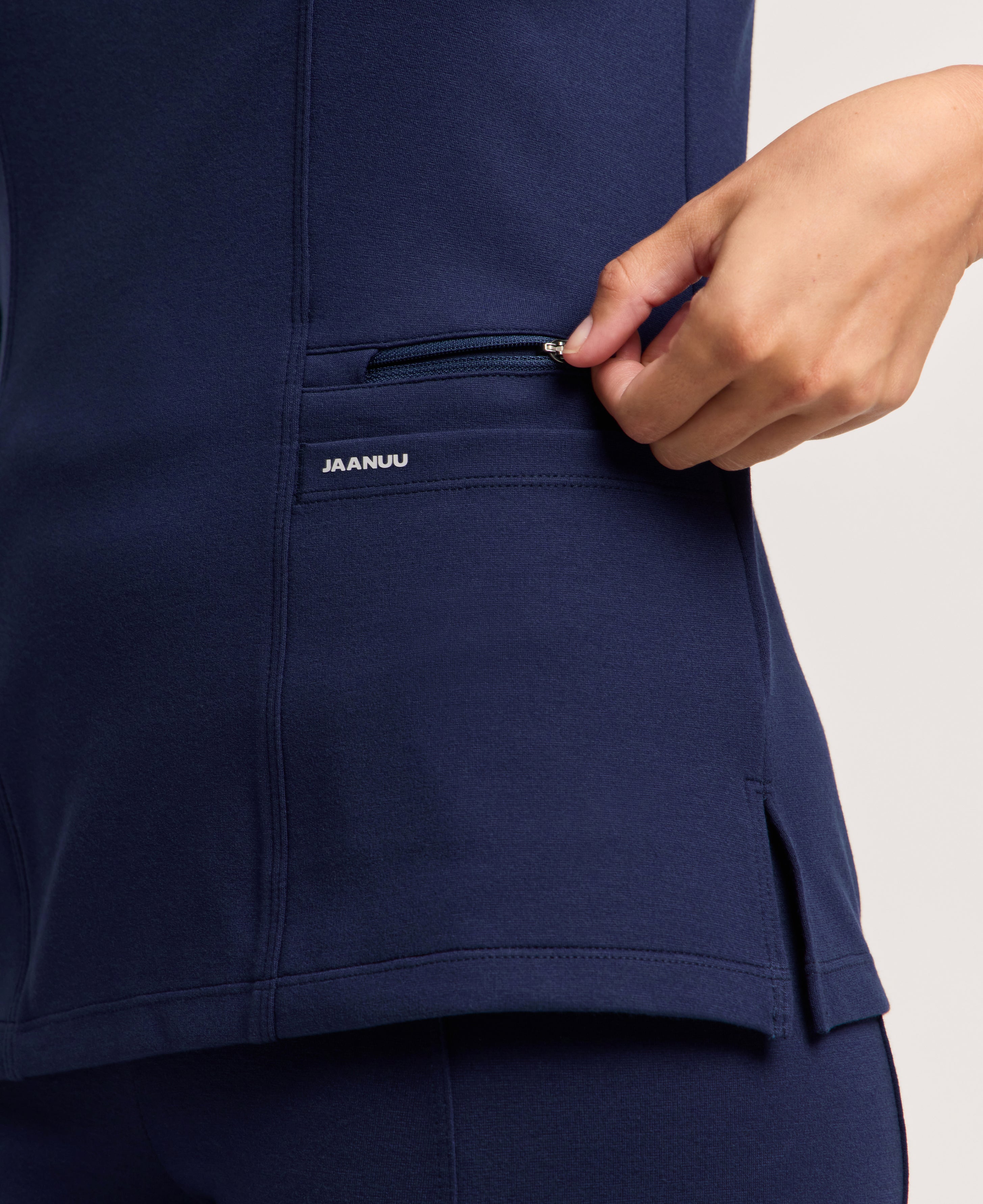 Jaanuu Zoe Slim 3/4-Sleeve Scrub Top in Midnight Navy, product photo 6 of 6