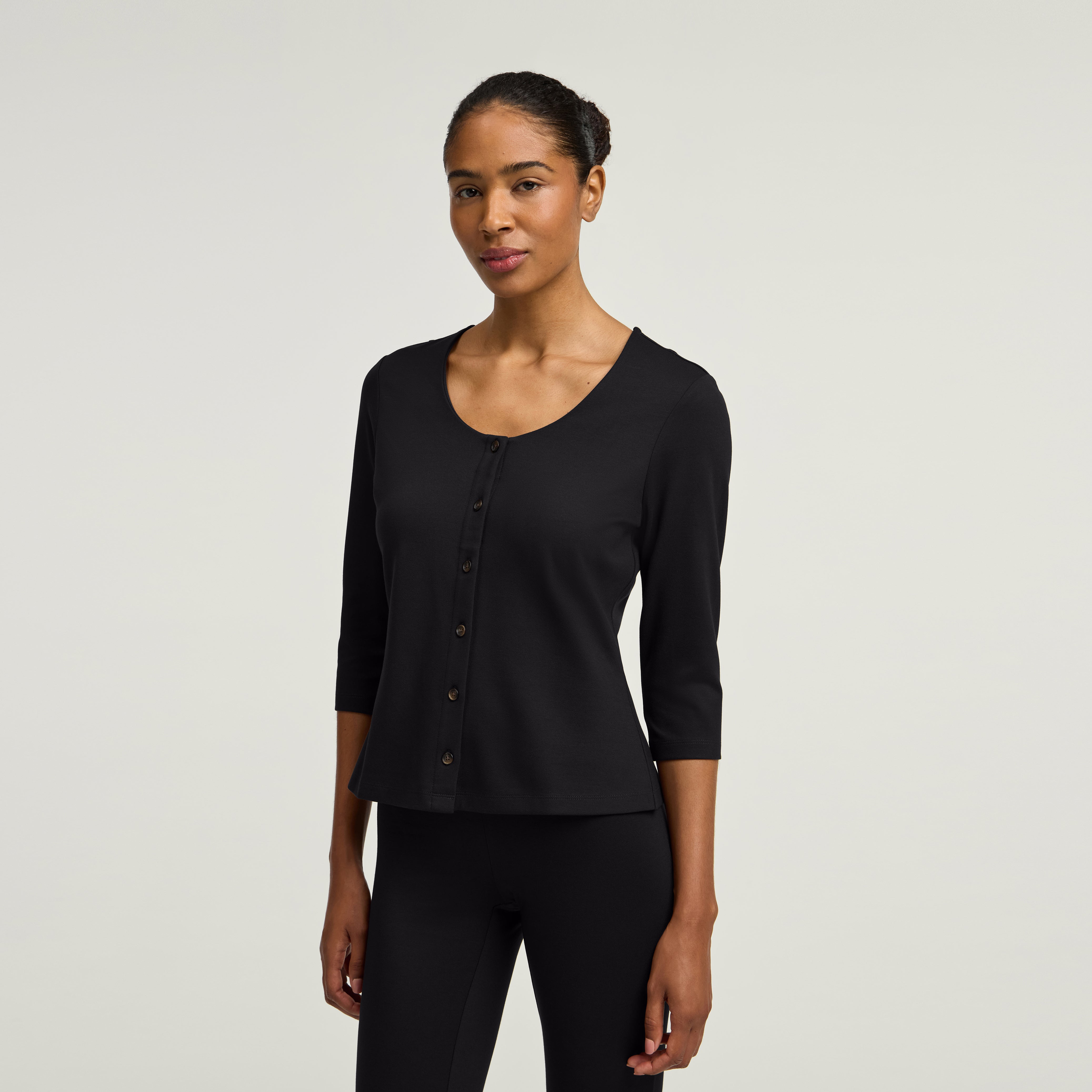 Kenz Buttoned 3/4-Sleeve Scrub Top - Black