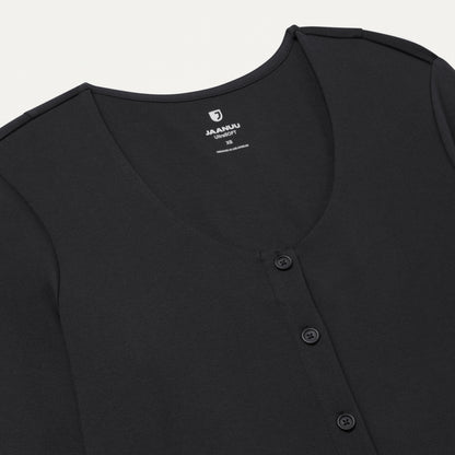 Kenz Buttoned 3/4-Sleeve Scrub Top - Black