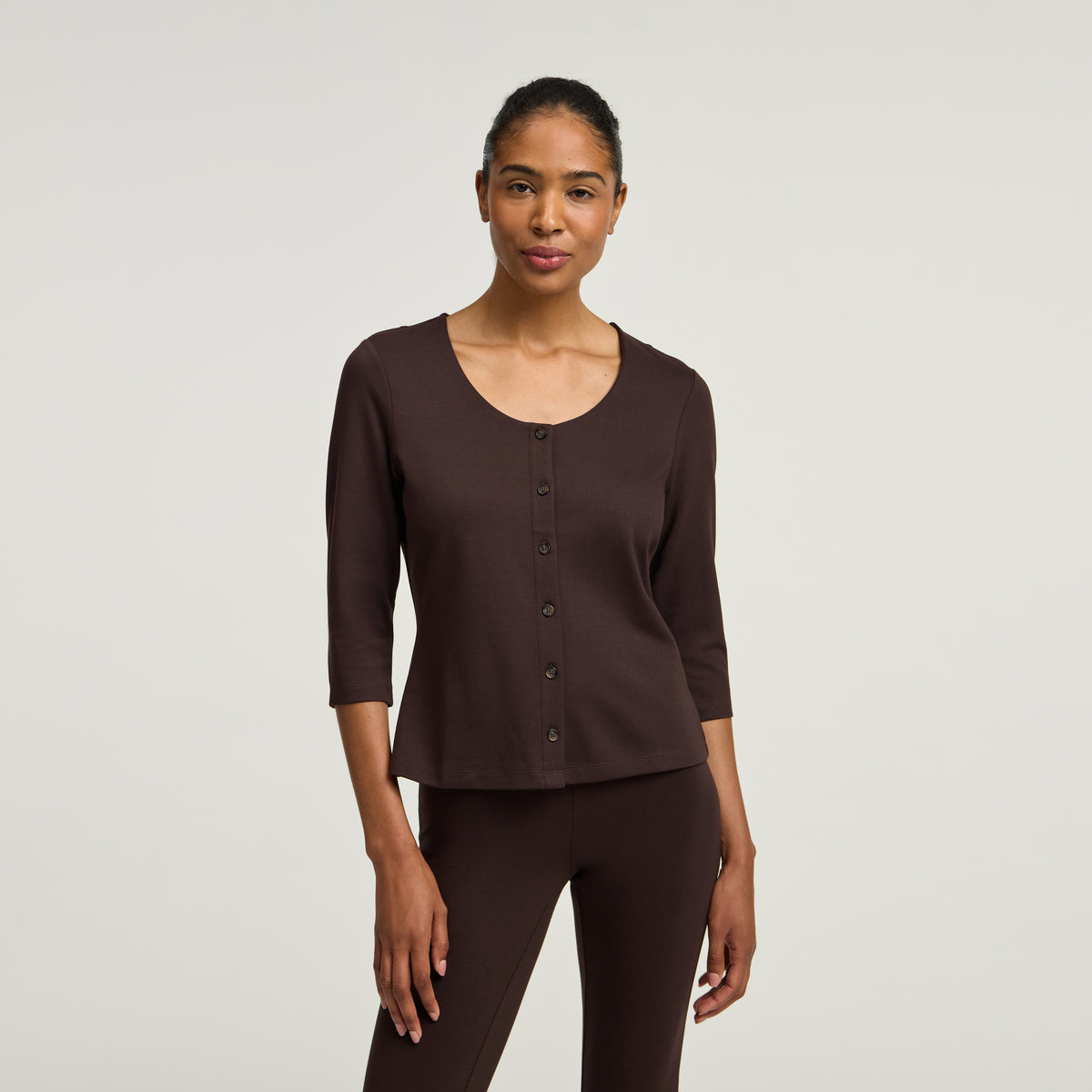 Kenz Buttoned 3/4-Sleeve Scrub Top - Espresso