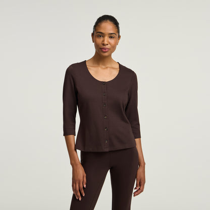 Kenz Buttoned 3/4-Sleeve Scrub Top - Espresso