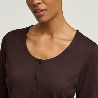 Kenz Buttoned 3/4-Sleeve Scrub Top - Espresso
